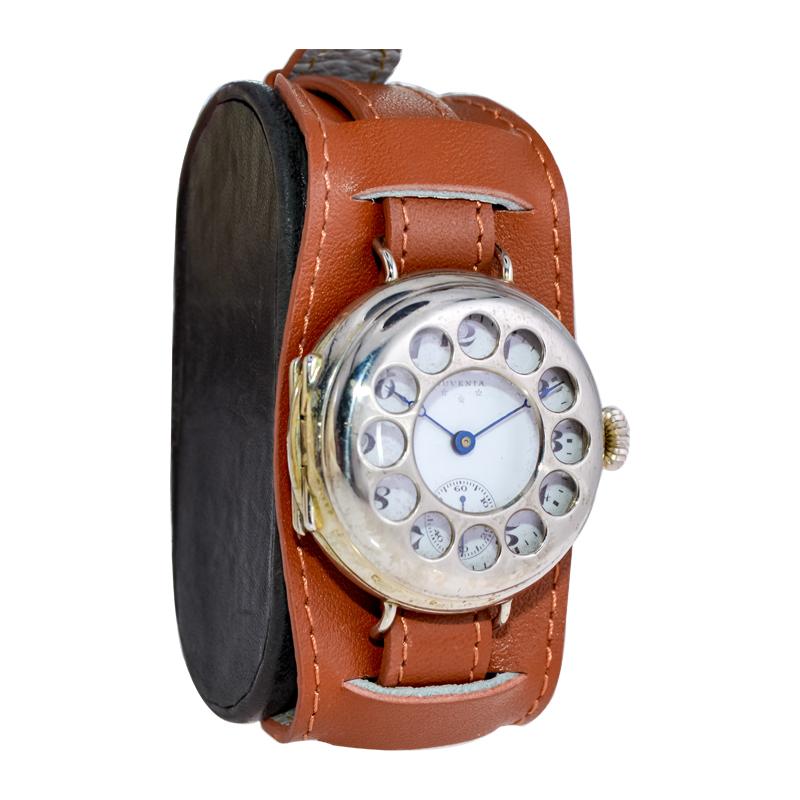 FACTORY / HOUSE: Juvenia Watch Company
STYLE / REFERENCE: Military / Campaign Style
METAL / MATERIAL: Sterling Silver
CIRCA: 1920's
DIMENSIONS: Length 41mm X Diameter 36mm
MOVEMENT / CALIBER: Manual Winding / 15 Jewels / High Grade Hand Made
DIAL /