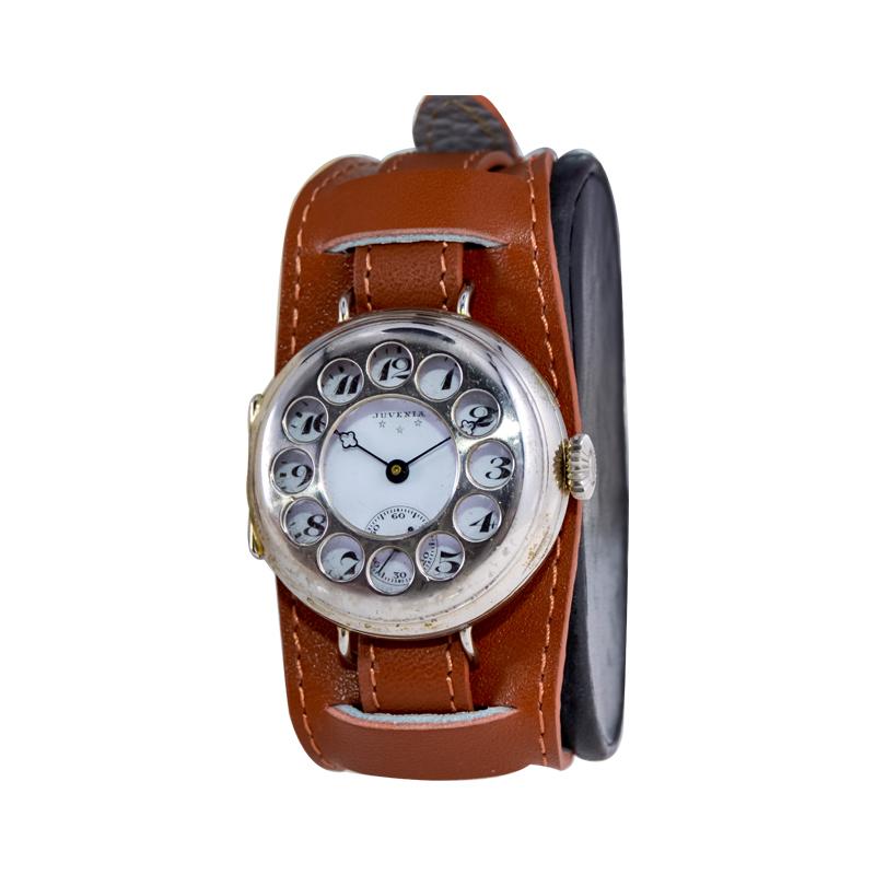 Art Deco Juvenia Sterling Silver Campaign Style Rotary Phone Bezel Manual Wristwatch For Sale