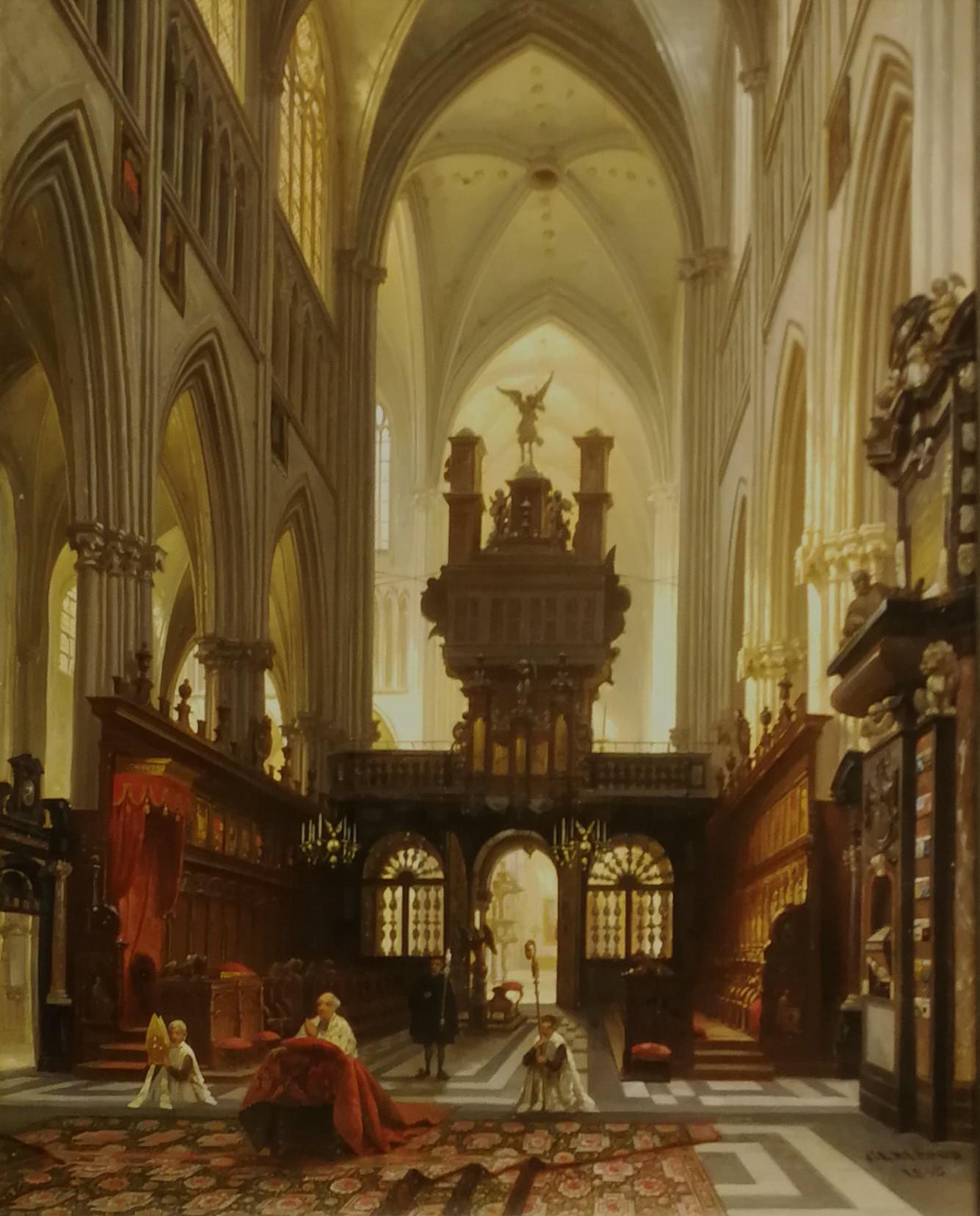 Intérieur de l'église St. Salvator Brugge, J.V. Génissson, Peinture à l'huile/toile - Painting de J.V.  Génisson