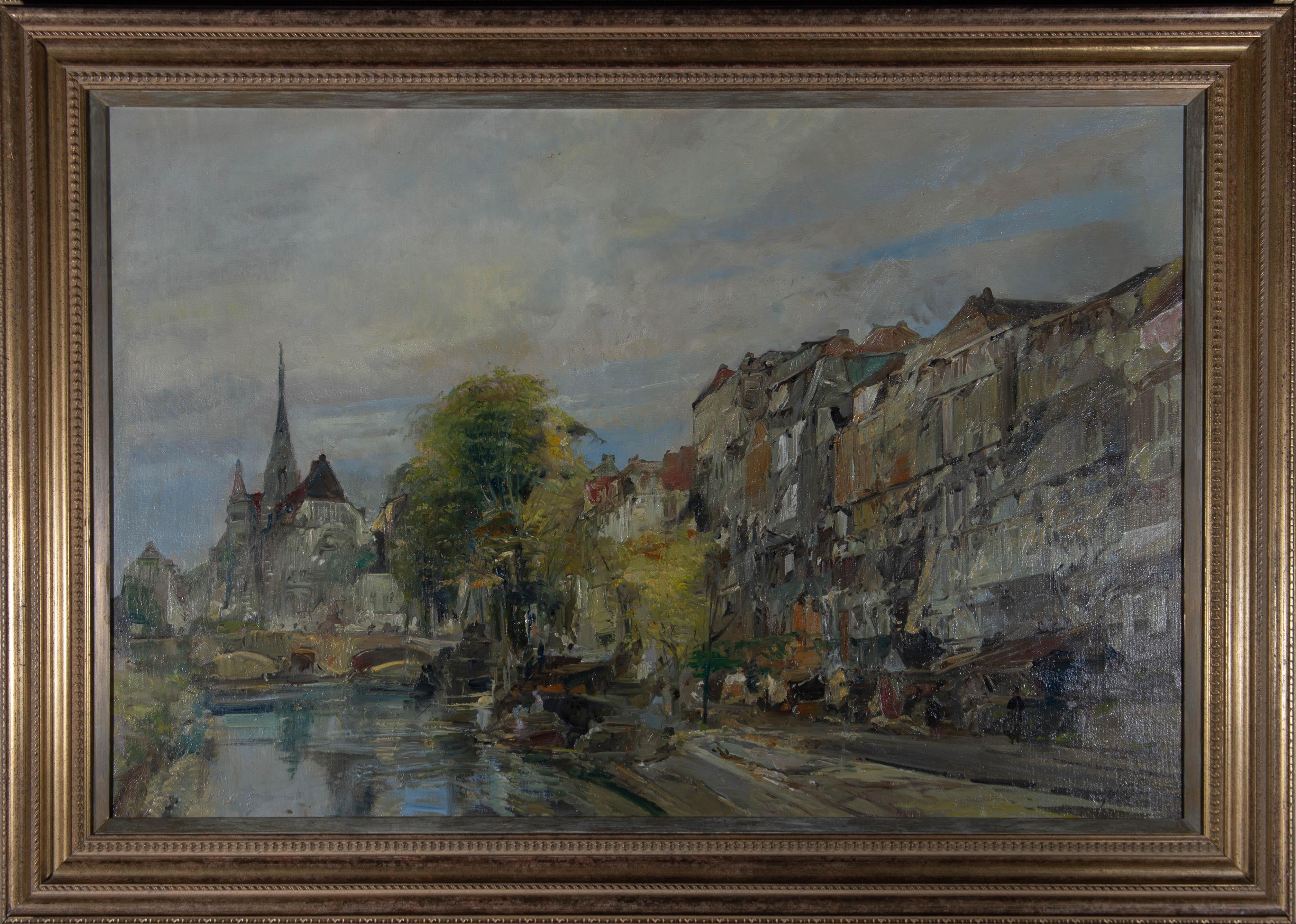 An atmospheric oil painting, depicting a river view of the Seine, in Paris. The thoughtful brushstrokes and the colour palette highlight the artist's proficiency in the medium and subject. Signed indistinctly to the lower right-hand corner.