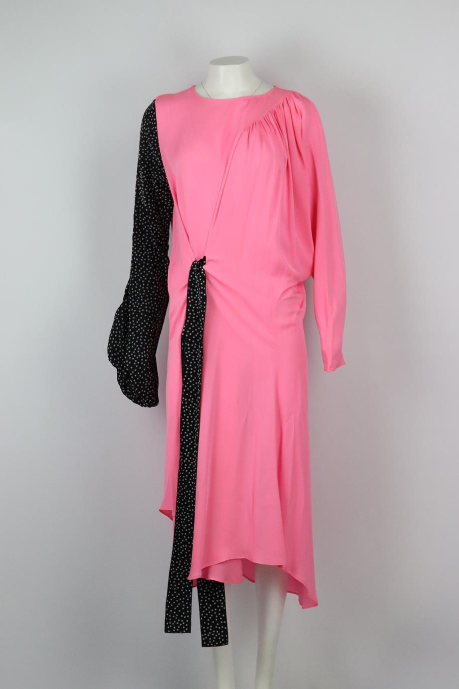 JW Anderson asymmetric tie detailed silk midi dress. Pink, black and white. Long sleeve, crewneck. Zip fastening at back. 100% Silk; fabric2: 100% cupro. Size: UK 8 (US 4, FR 36, IT 40). Bust: 52 in. Waist: 45 in. Hips: 58 in. Length: 44 in. Very
