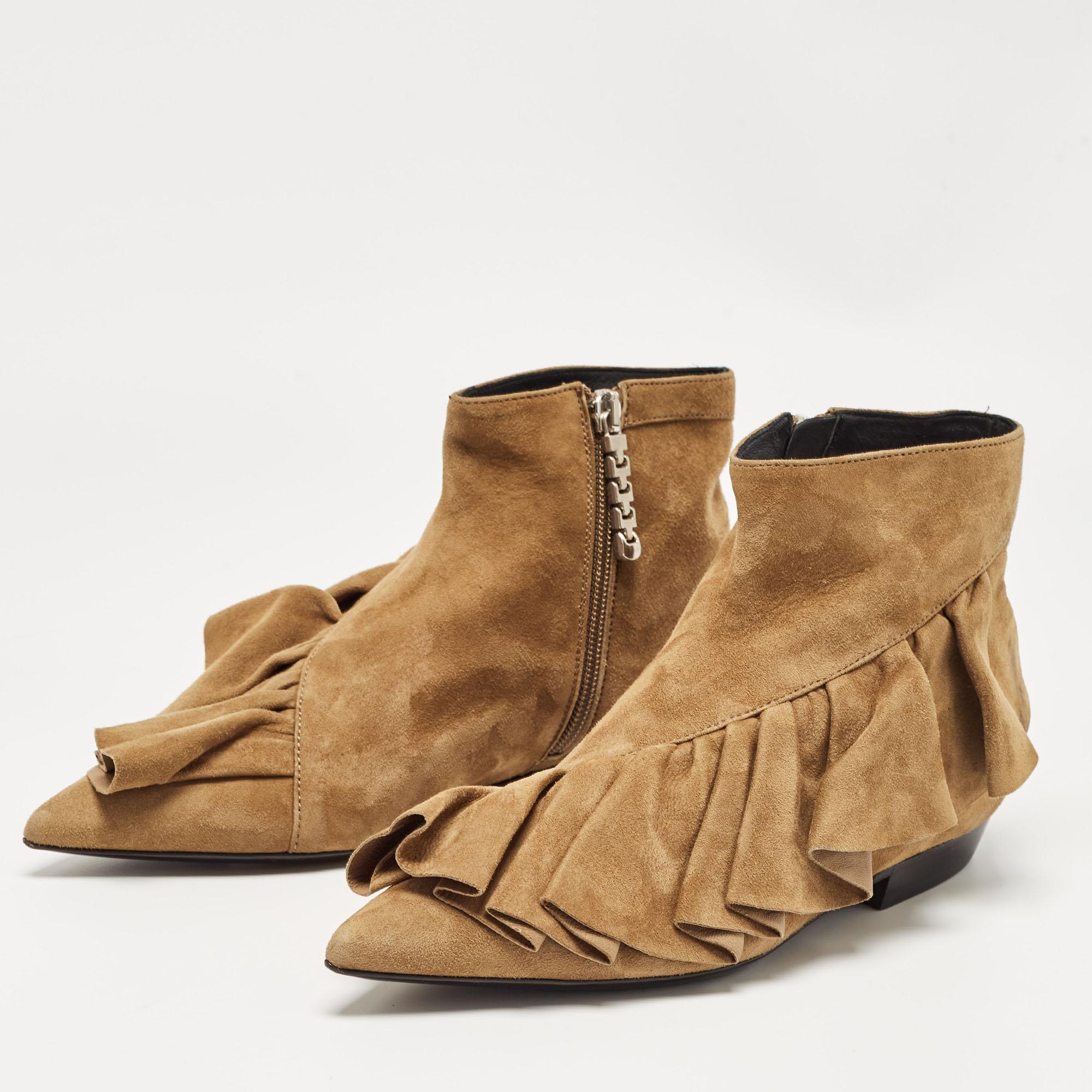 J.W. Anderson Brown Suede Ruffle Ankle Boots Size 36 For Sale 1
