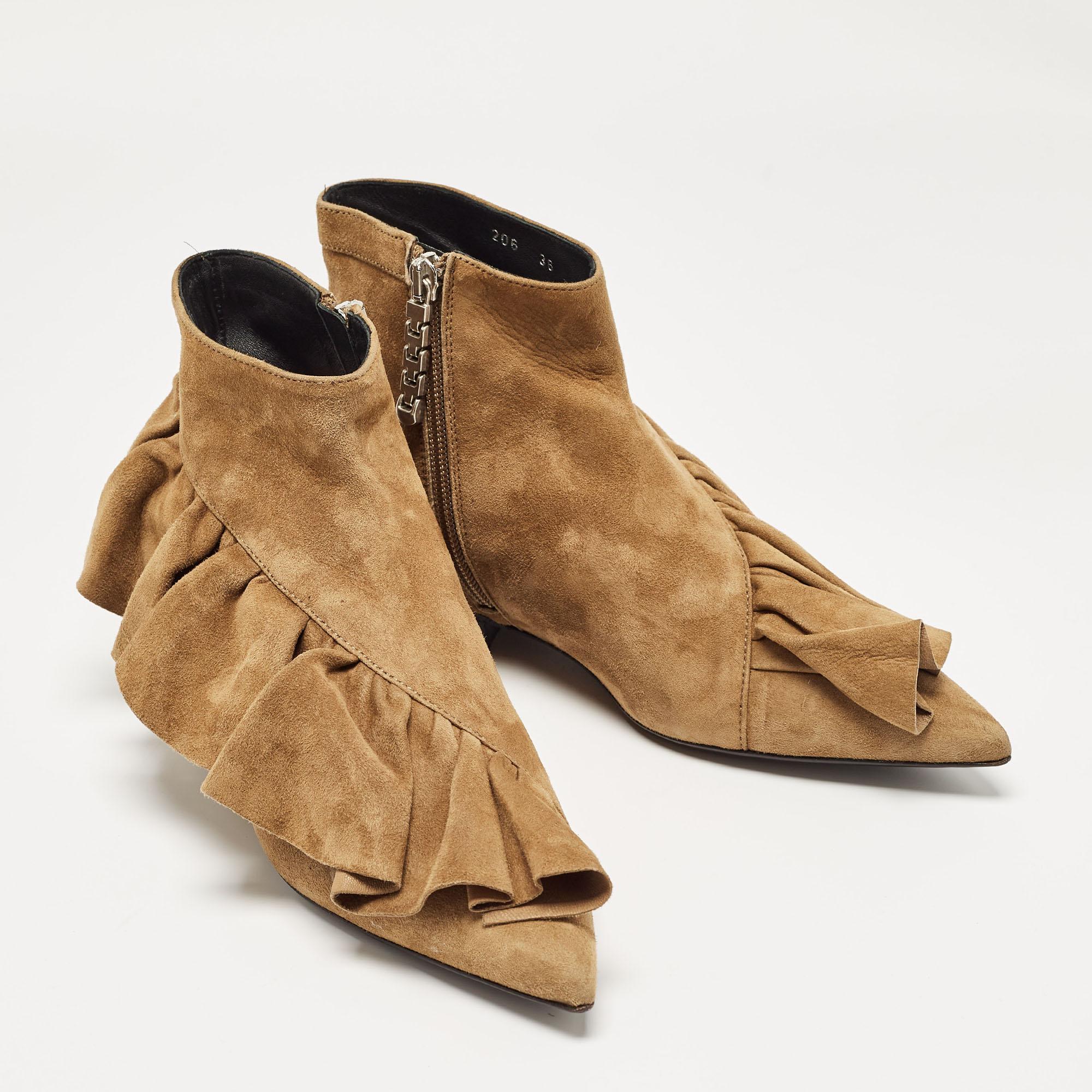 J.W. Anderson Brown Suede Ruffle Ankle Boots Size 36 For Sale 2