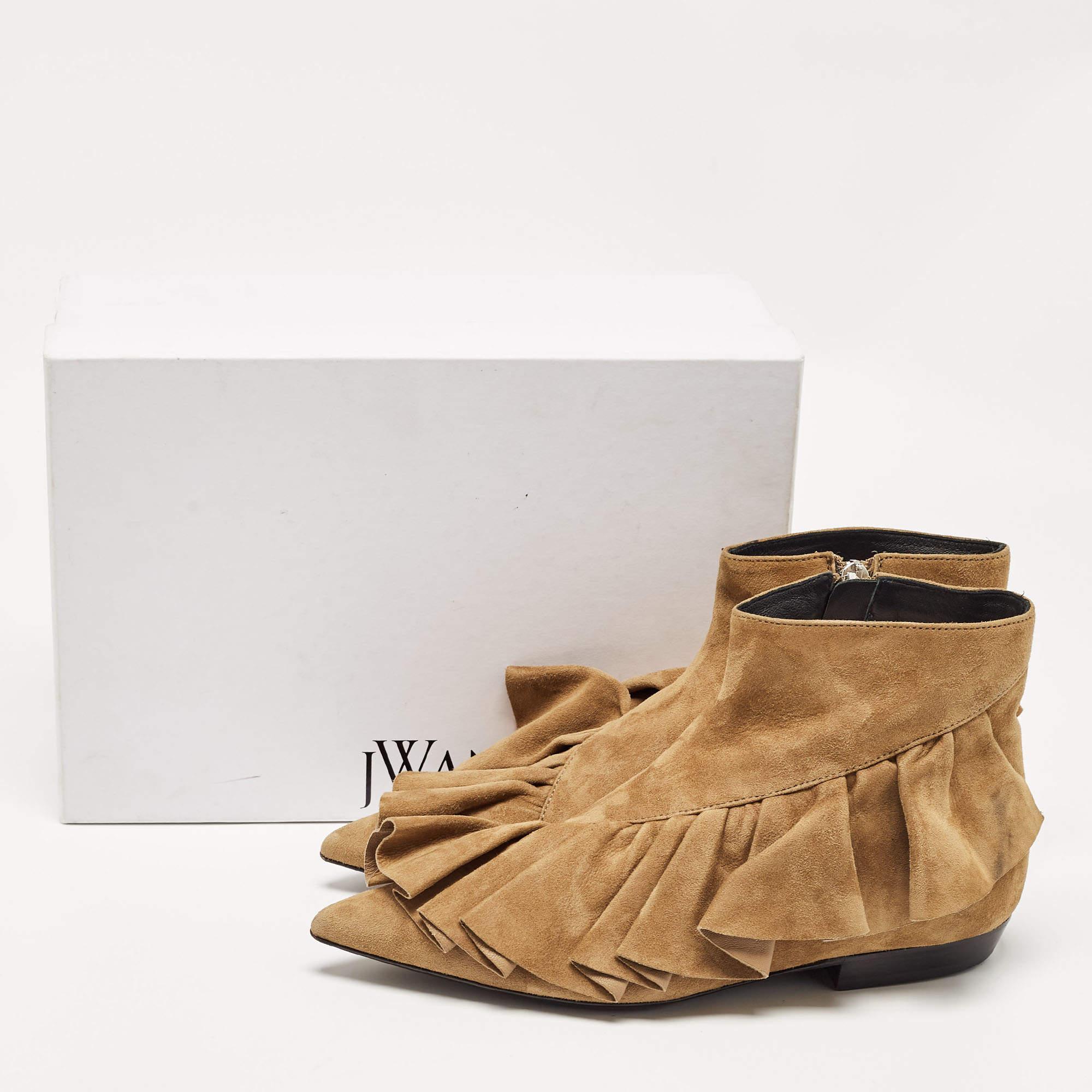 J.W. Anderson Brown Suede Ruffle Ankle Boots Size 36 3