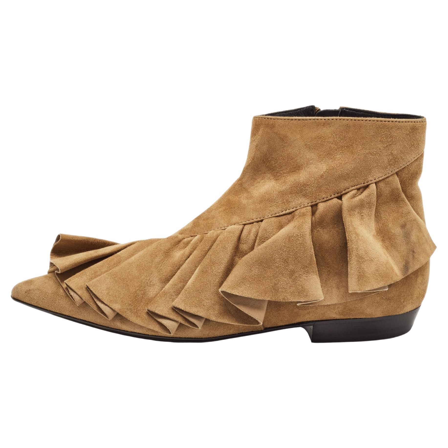J.W. Anderson Brown Suede Ruffle Ankle Boots Size 36 For Sale