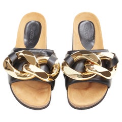 JW ANDERSON gold XL Chain black leather cork slides sandals EU38