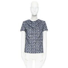 JW ANDERSON navy blue floral embroidery chiffon drape neck cap sleeves top UK6