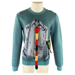 JW ANDERSON, Größe M, blauer, mehrfarbiger Strickpullover aus Wollmischung mit Rundhalsausschnitt
