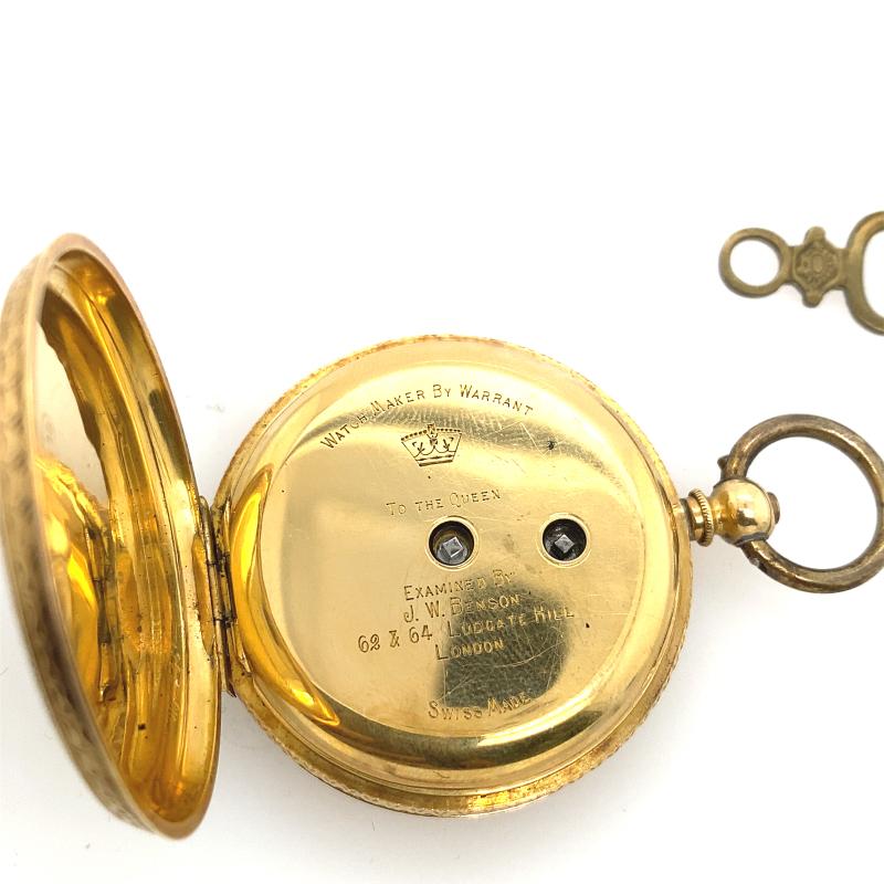 J.W. Benson 18ct Pocket Watch With Hand Engraving and Original Key In Good Condition In London, GB