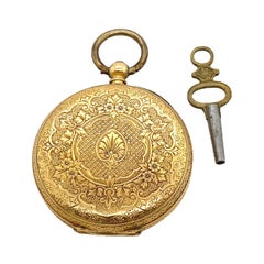 J.W. Benson 18 Karat Taschenuhr mit Handgravur und Originalschlüssel