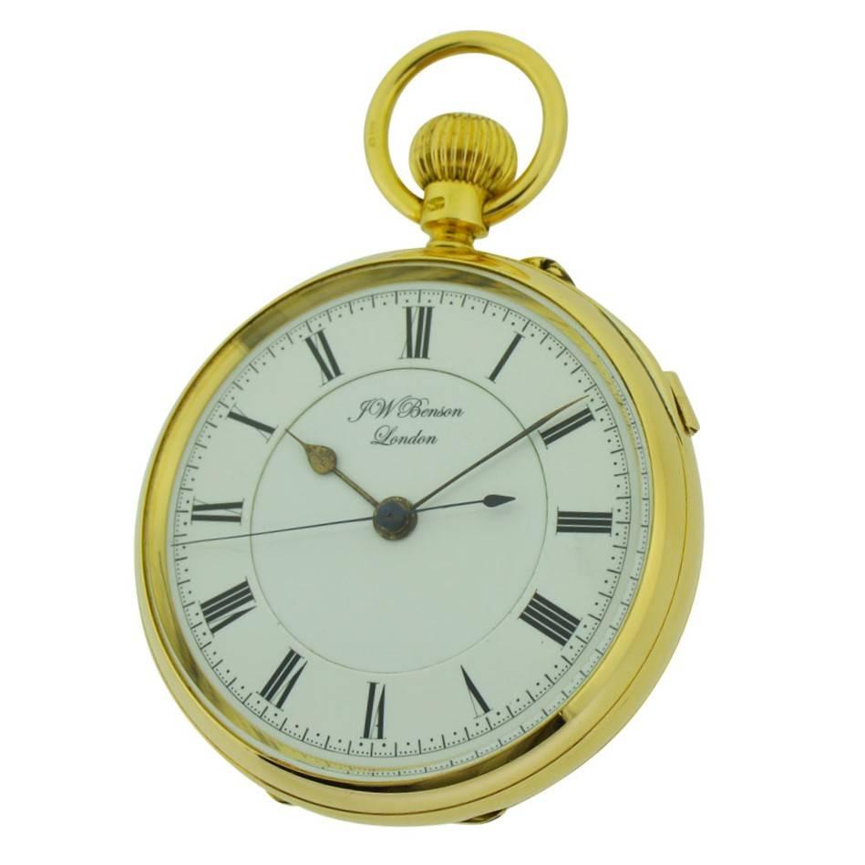FACTORY / HOUSE: J.W. Benson Watch Company
STYLE / REFERENCE: Pocket Watch 
METAL / MATERIAL: 18kt. Solid Gold
CIRCA: 1890's
DIMENSIONS: 48mm Diameter
MOVEMENT / CALIBER: Manual Winding / 15 Jewels 
DIAL / HANDS: Original Enamel Dial Double