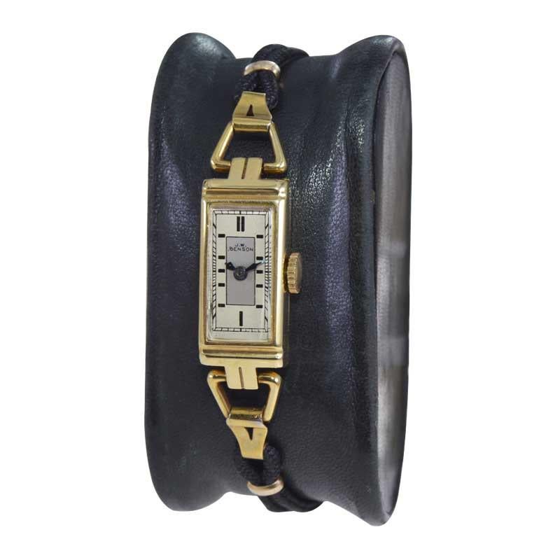 FACTORY / HOUSE: J. W. Benson London
STYLE / REFERENCE: Art Deco Ladies Watch
METAL / MATERIAL: 9ct Solid Gold 
CIRCA / YEAR: 1930's
DIMENSIONS / SIZE: Length 29mm x Width 11mm
MOVEMENT / CALIBER: Manual Winding / 15 Jewels / Baguette Caliber  
DIAL
