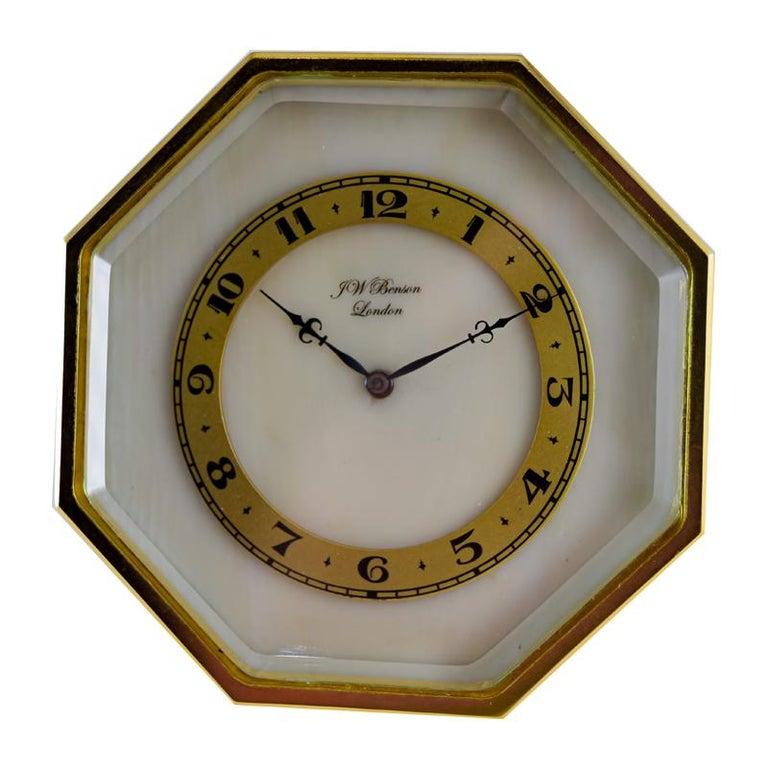 Brass J.W. Benson Gilt Art Deco Clock with Hand Painted Dial, circa 1920s For Sale