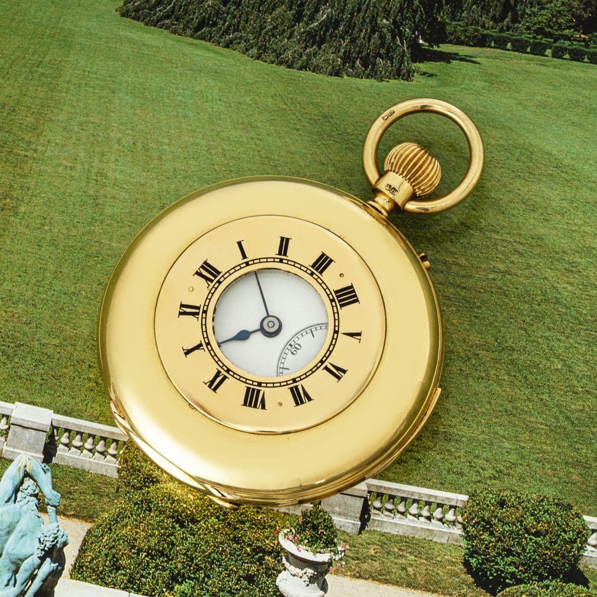 J.W. Benson. A Heavy 18ct Gold Half Hunter Minute Repeater Keyless Lever Pocket Watch with a Heavy 18ct Gold Albert Watch Chain C1895.

Dial:The excellent white enamel dial with Roman Numerals outer minute track and subsidiary seconds dial at six
