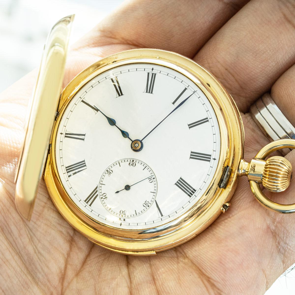J.W. Benson Gold Half Hunter Minute Repeater C1895 With Albert Chain In Good Condition For Sale In London, GB