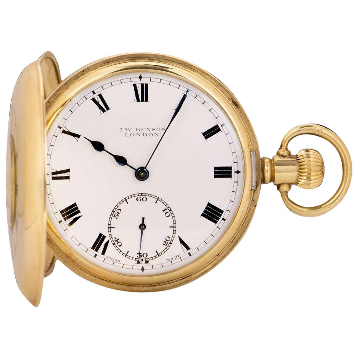 J.W. Benson Half Hunter Pocket Watch 9 Karat Yellow Gold White Enamel Dial