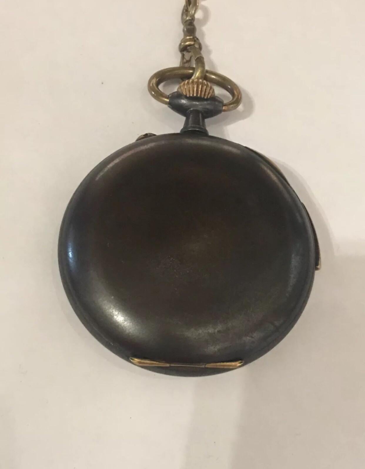 
JW Benson London Antique Gunmetal Quarter Repeater Pocket Watch Signed Invicta.

This Gunmetal watch is in good working condition and is ticking well. The repeater mechanism strikes on demand for a quarter and the hour.