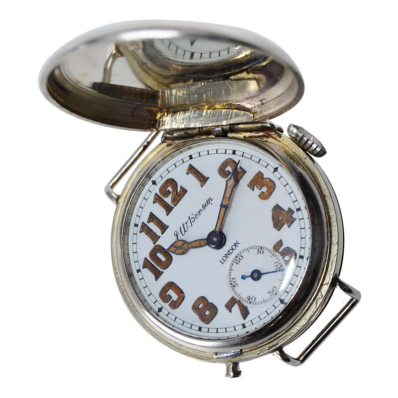 JW Benson Montre Trench en argent et nickel de la Première Guerre mondiale avec cadran en émail d'origine, vers 1915 en vente 2