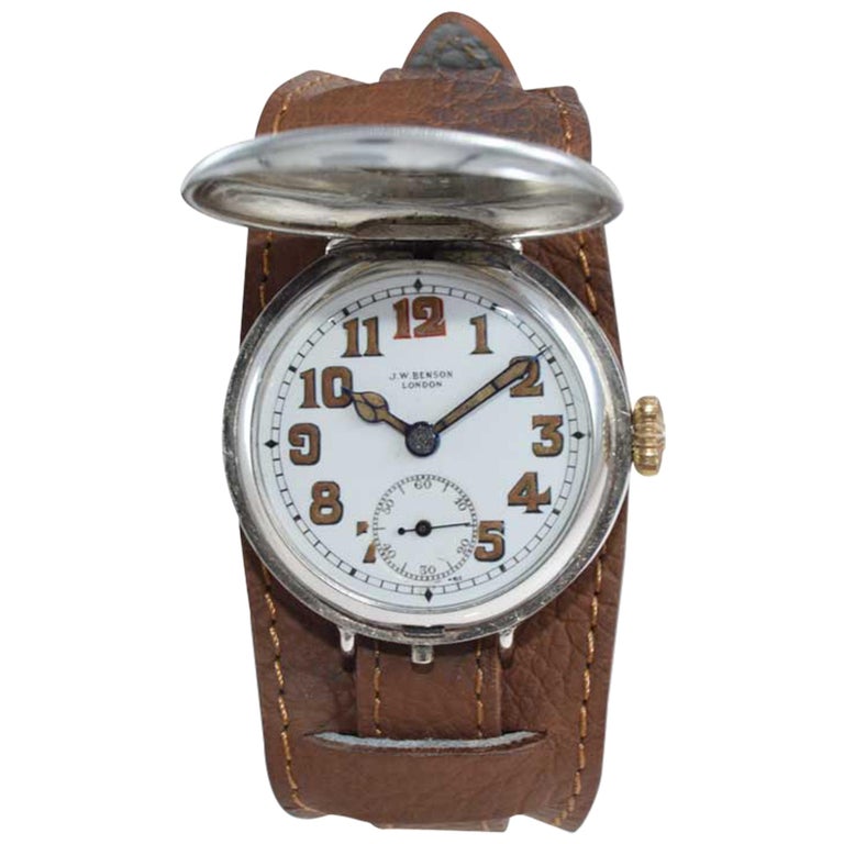 J.W. Benson Silver Campaign Style Hunters Case Watch with Original Dial For Sale at 1stDibs