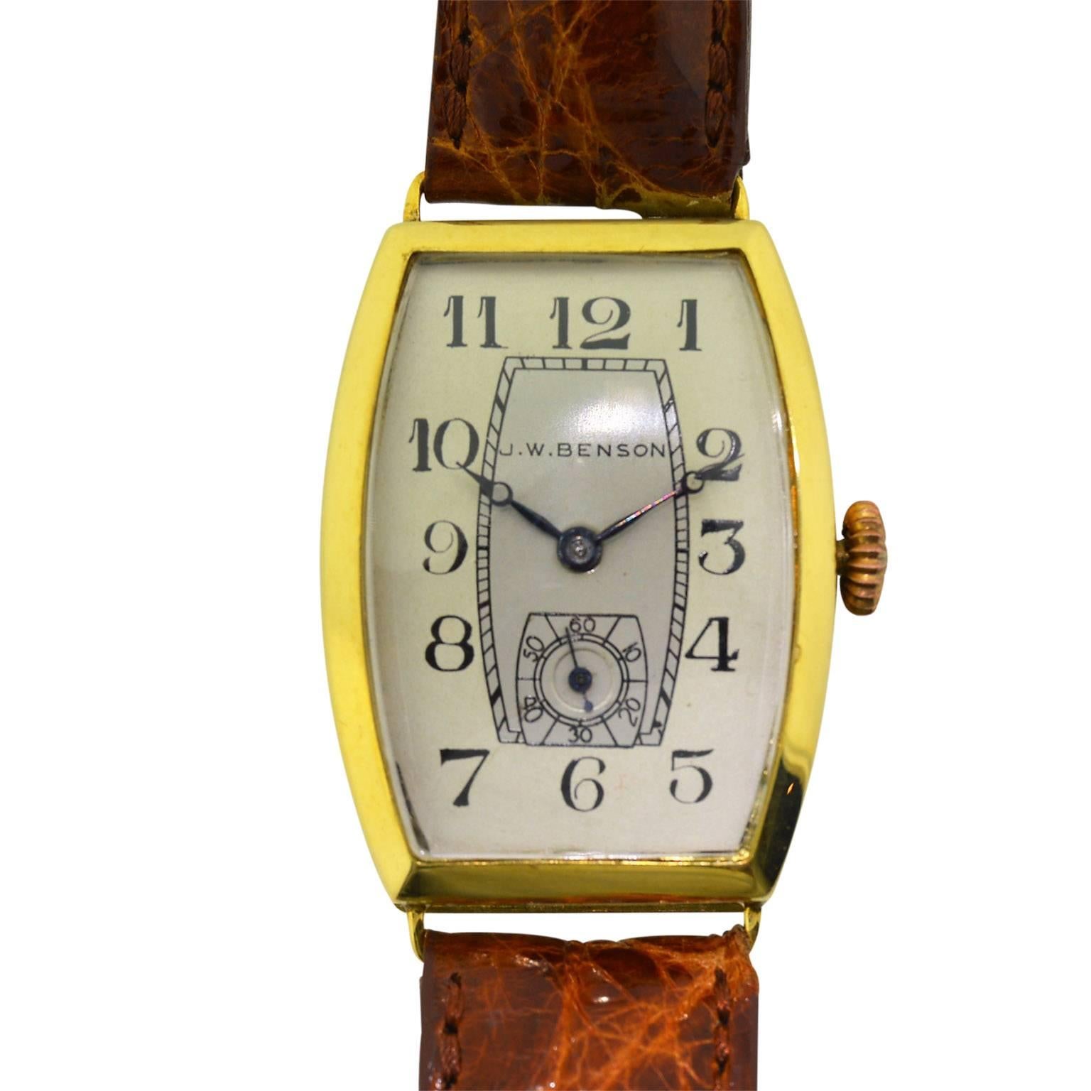 J.W. Benson Yellow Gold Tonneau Shaped Manual Wristwatch, circa 1930s In Excellent Condition In Long Beach, CA