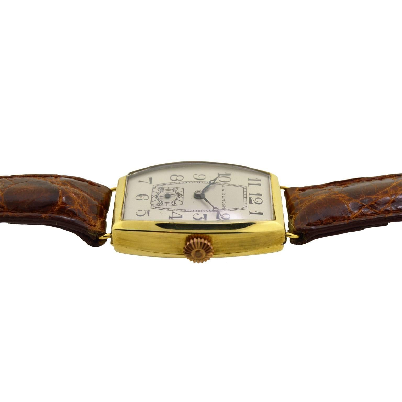 J.W. Benson Yellow Gold Tonneau Shaped Manual Wristwatch, circa 1930s 4
