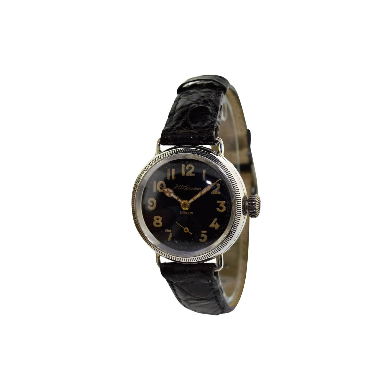 Art Deco J.W. Benson Sterling Silver Campaign Style Black Enamel Dial Manual Watch