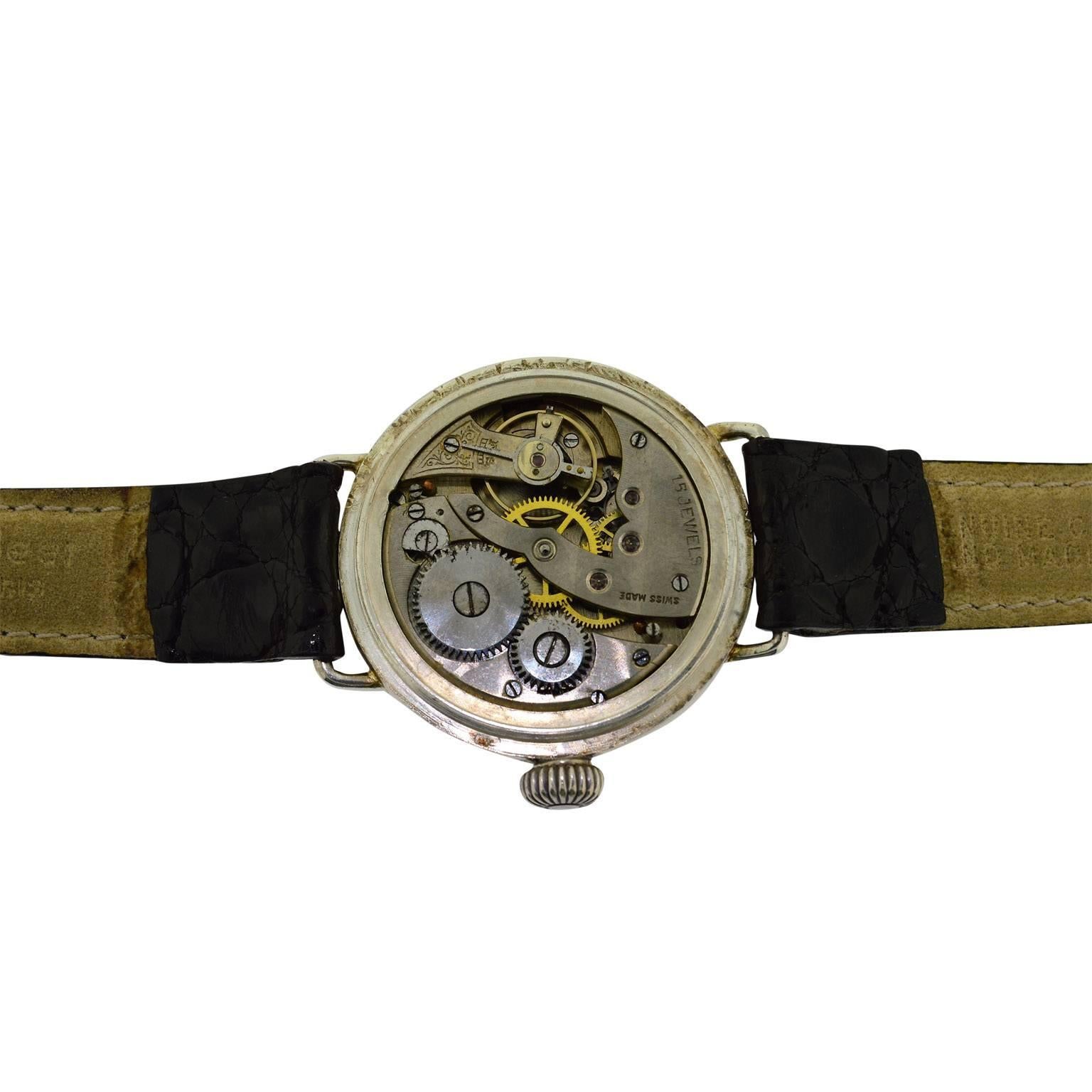 Women's or Men's J.W. Benson Sterling Silver Campaign Style Black Enamel Dial Manual Watch
