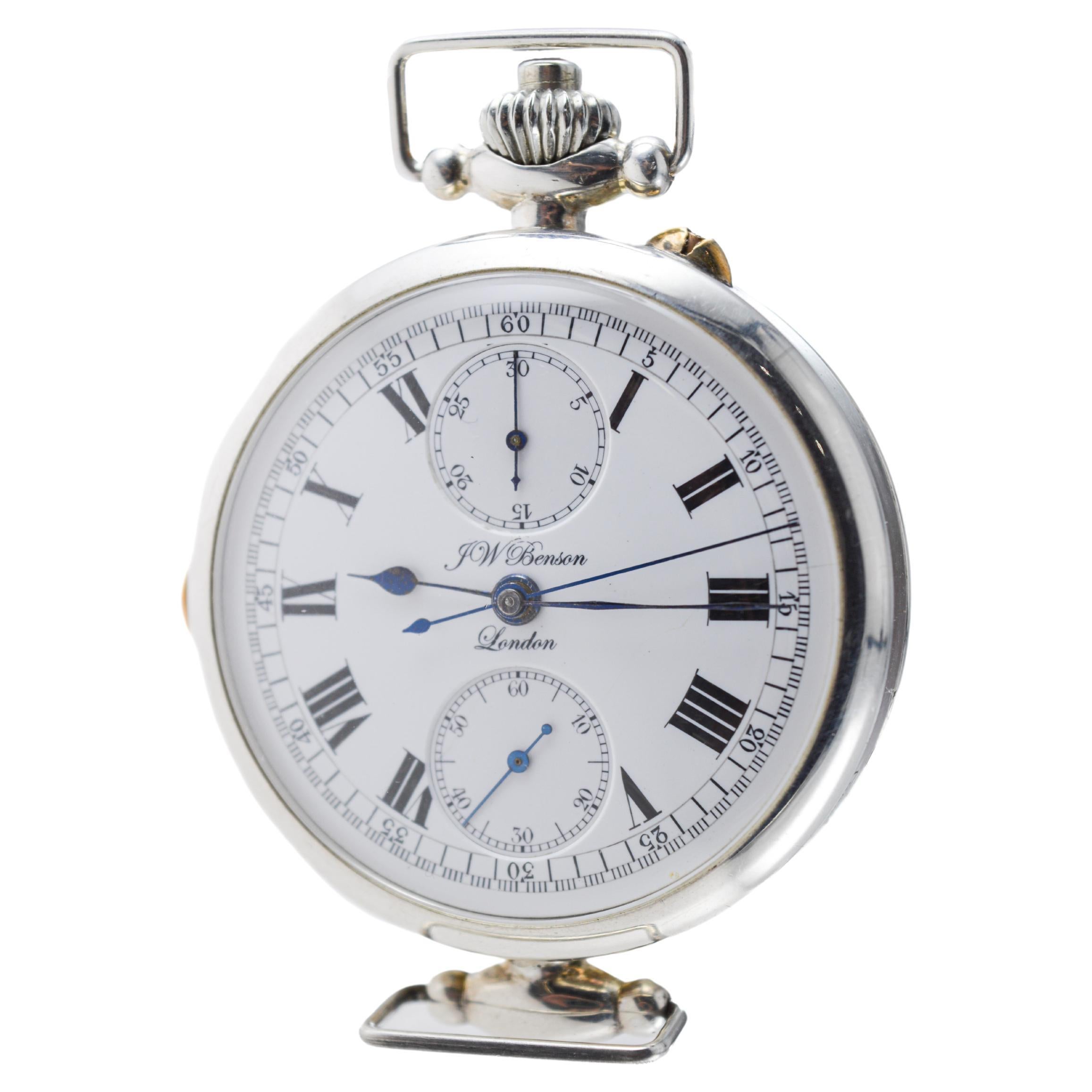 J.W Benson Sterling Silver Oversized Chronograph with Kiln Fired Enamel Dial For Sale 5
