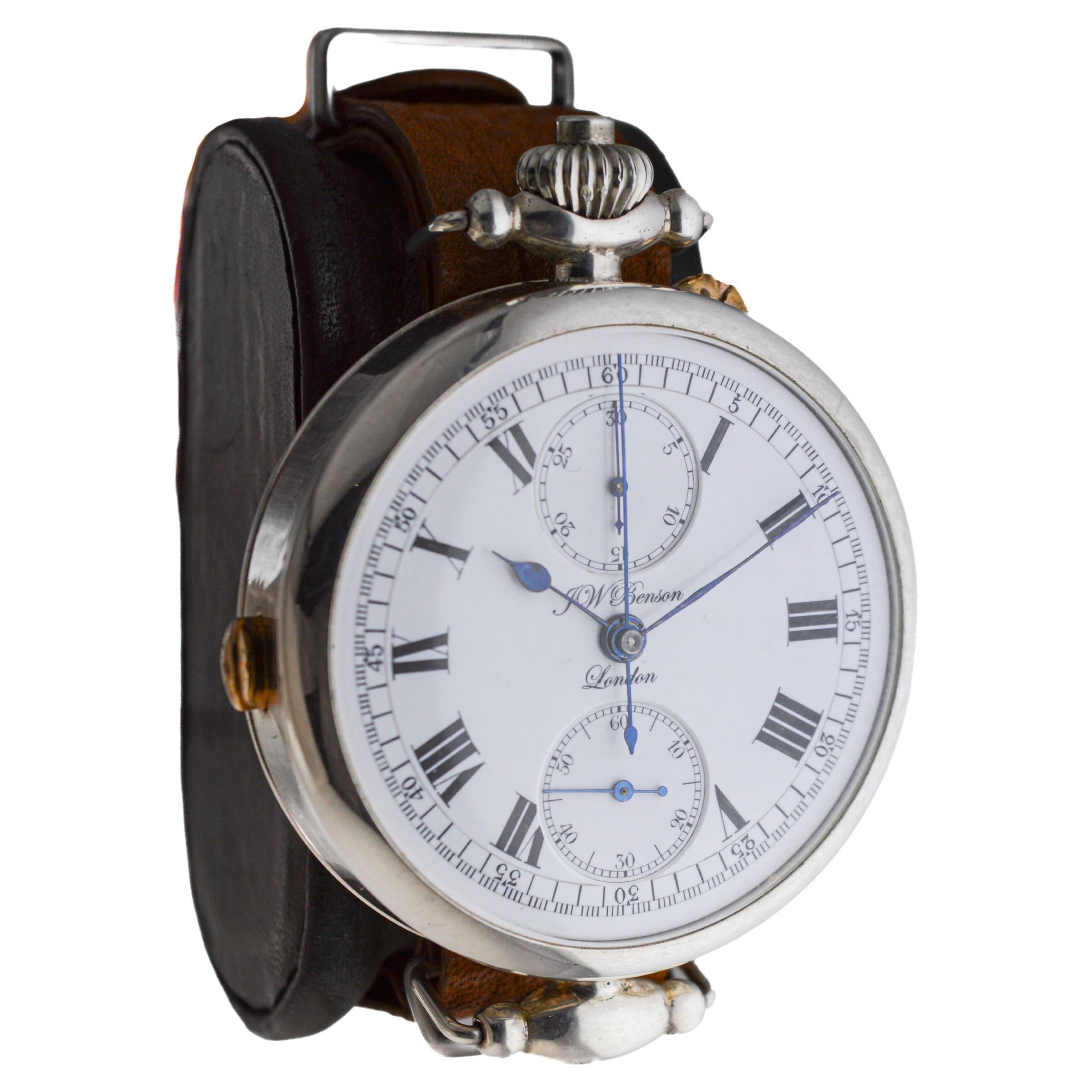 FACTORY / HOUSE: J.W Benson / London 
STYLE / REFERENCE: Oversized Chronograph
METAL / MATERIAL: Sterling Silver 
CIRCA / YEAR: 1910 /15
DIMENSIONS / SIZE: Diameter 49mm
MOVEMENT / CALIBER: Manual Winding / 15 Jewels / Caliber Chronograph 
DIAL /
