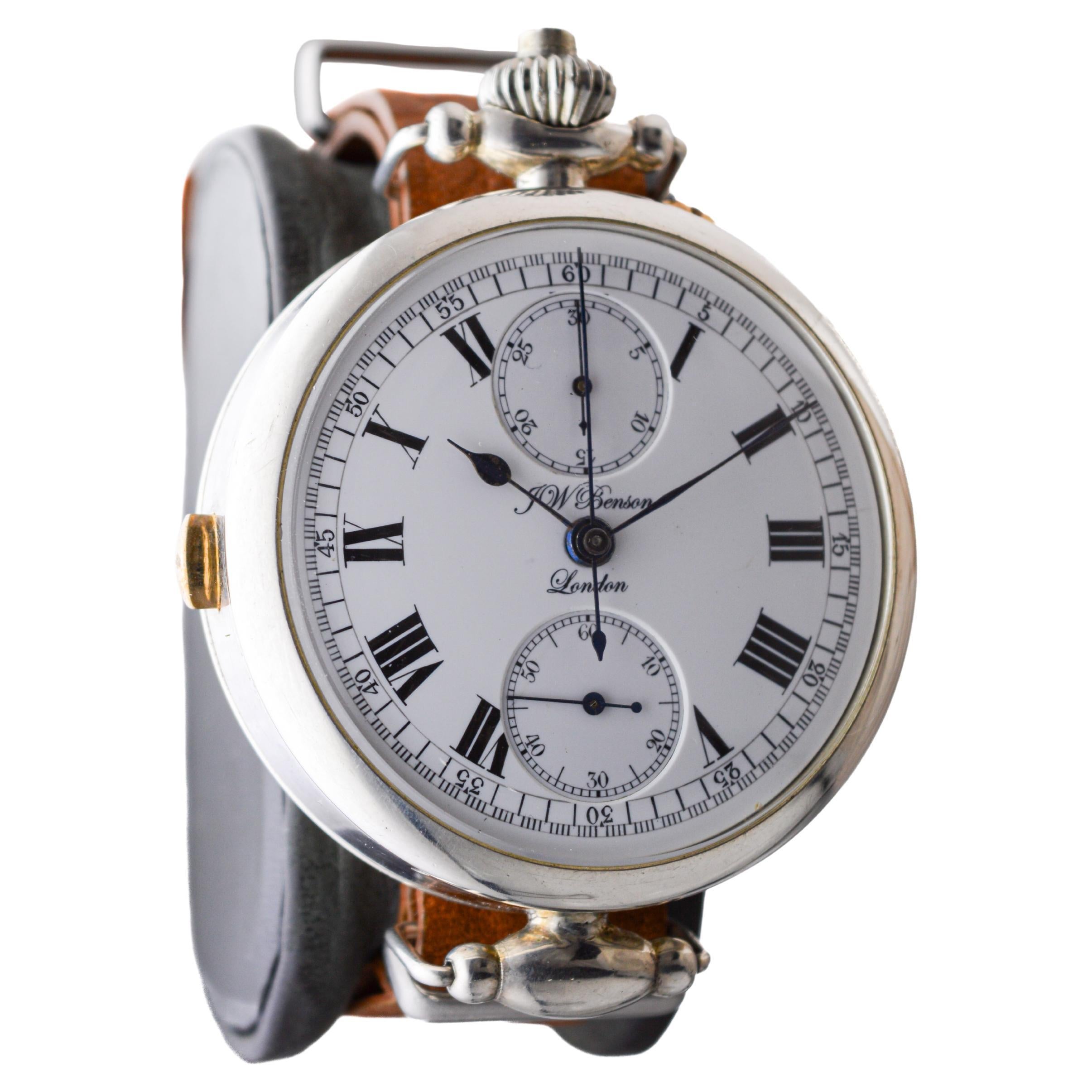 Art Deco J.W Benson Sterling Silver Oversized Chronograph with Kiln Fired Enamel Dial For Sale