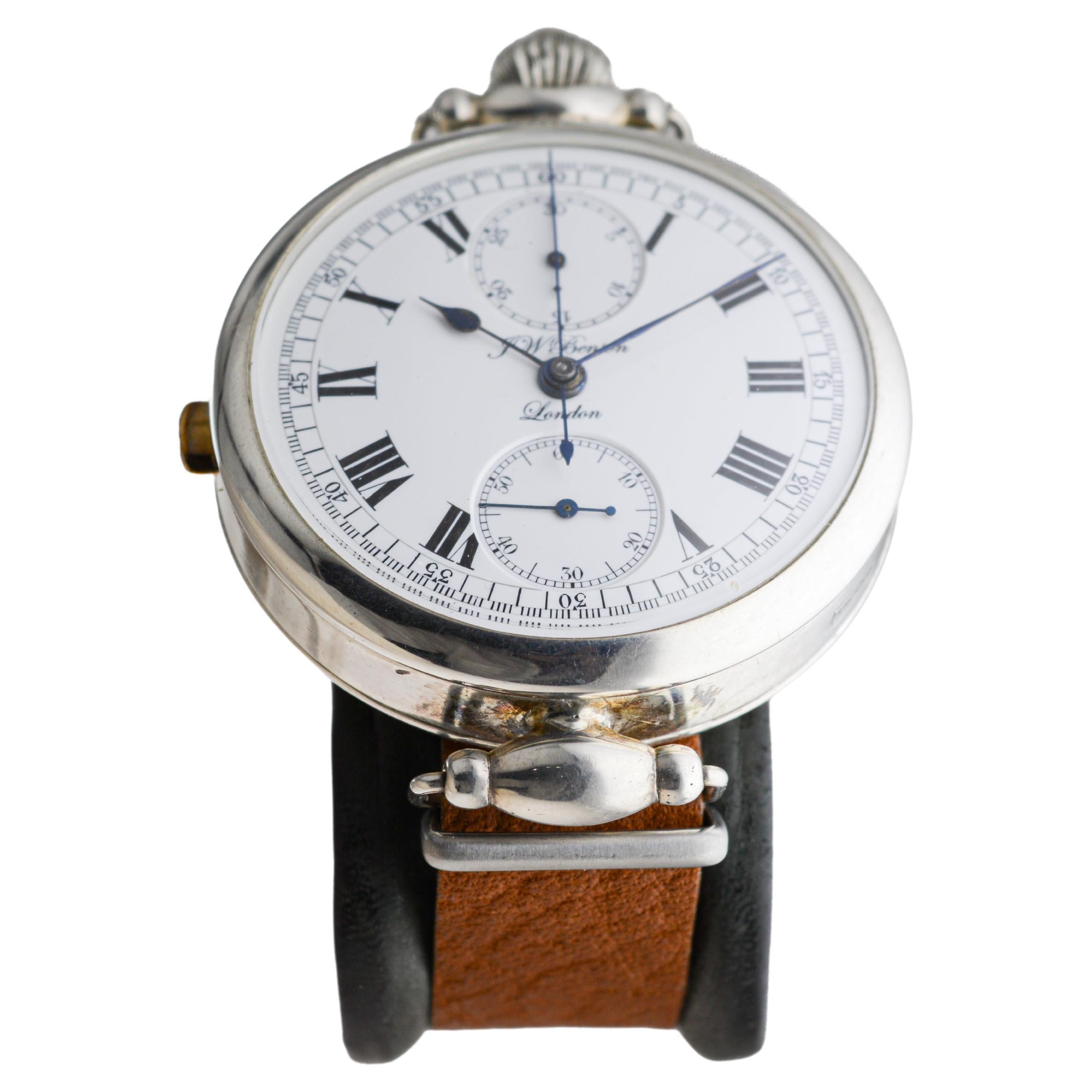 J.W Benson Sterling Silver Oversized Chronograph with Kiln Fired Enamel Dial In Excellent Condition For Sale In Long Beach, CA