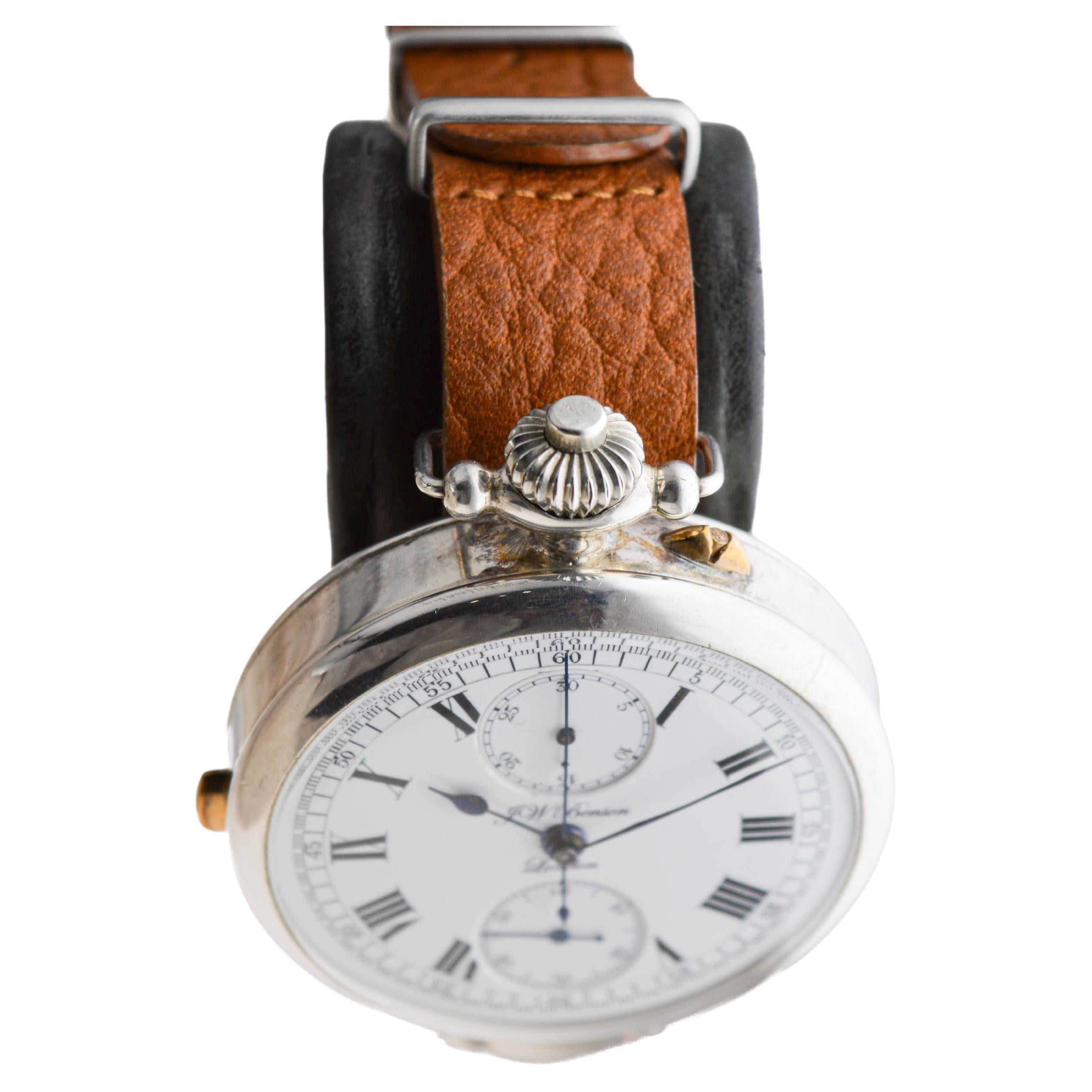 Women's or Men's J.W Benson Sterling Silver Oversized Chronograph with Kiln Fired Enamel Dial For Sale