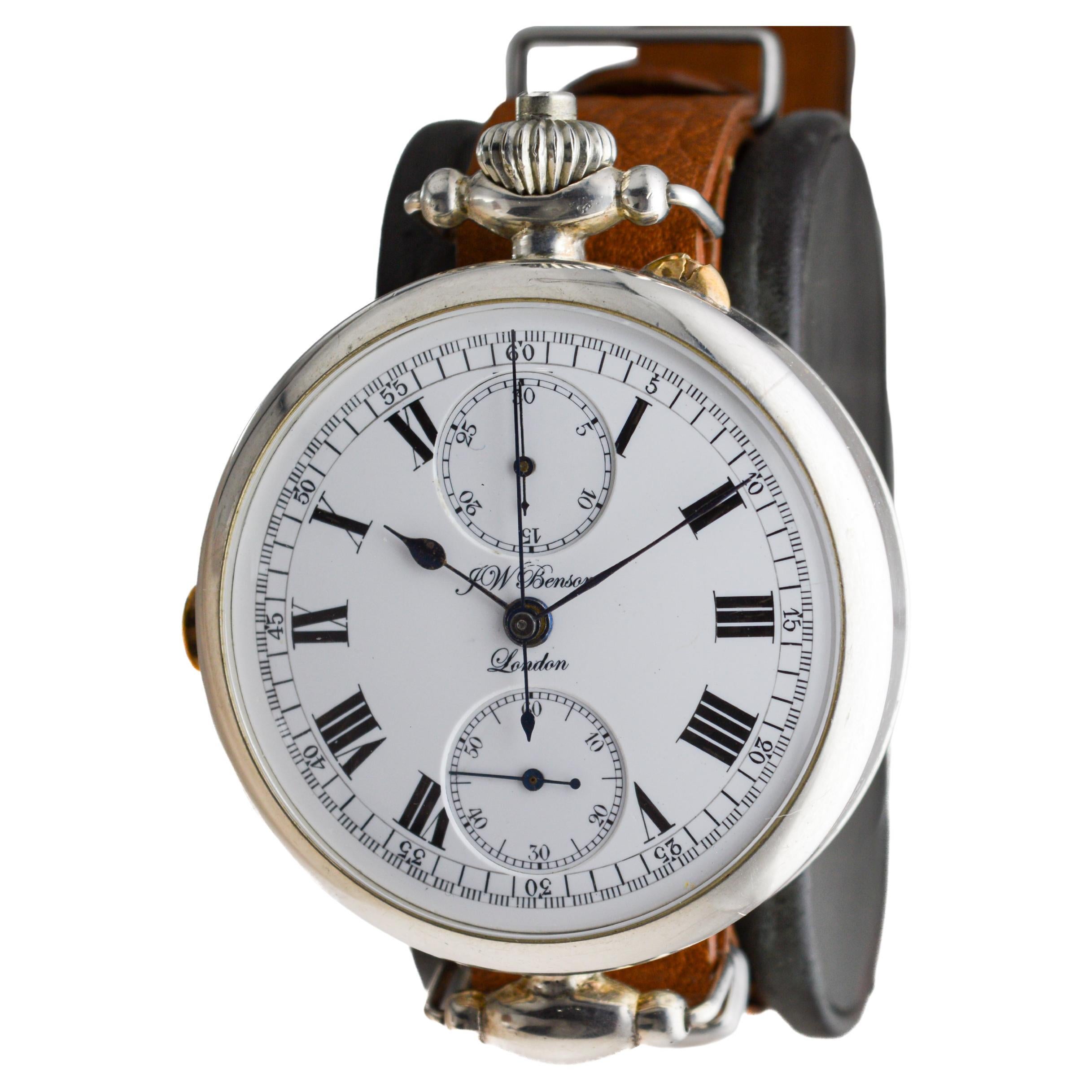 J.W Benson Sterling Silver Oversized Chronograph with Kiln Fired Enamel Dial For Sale 1