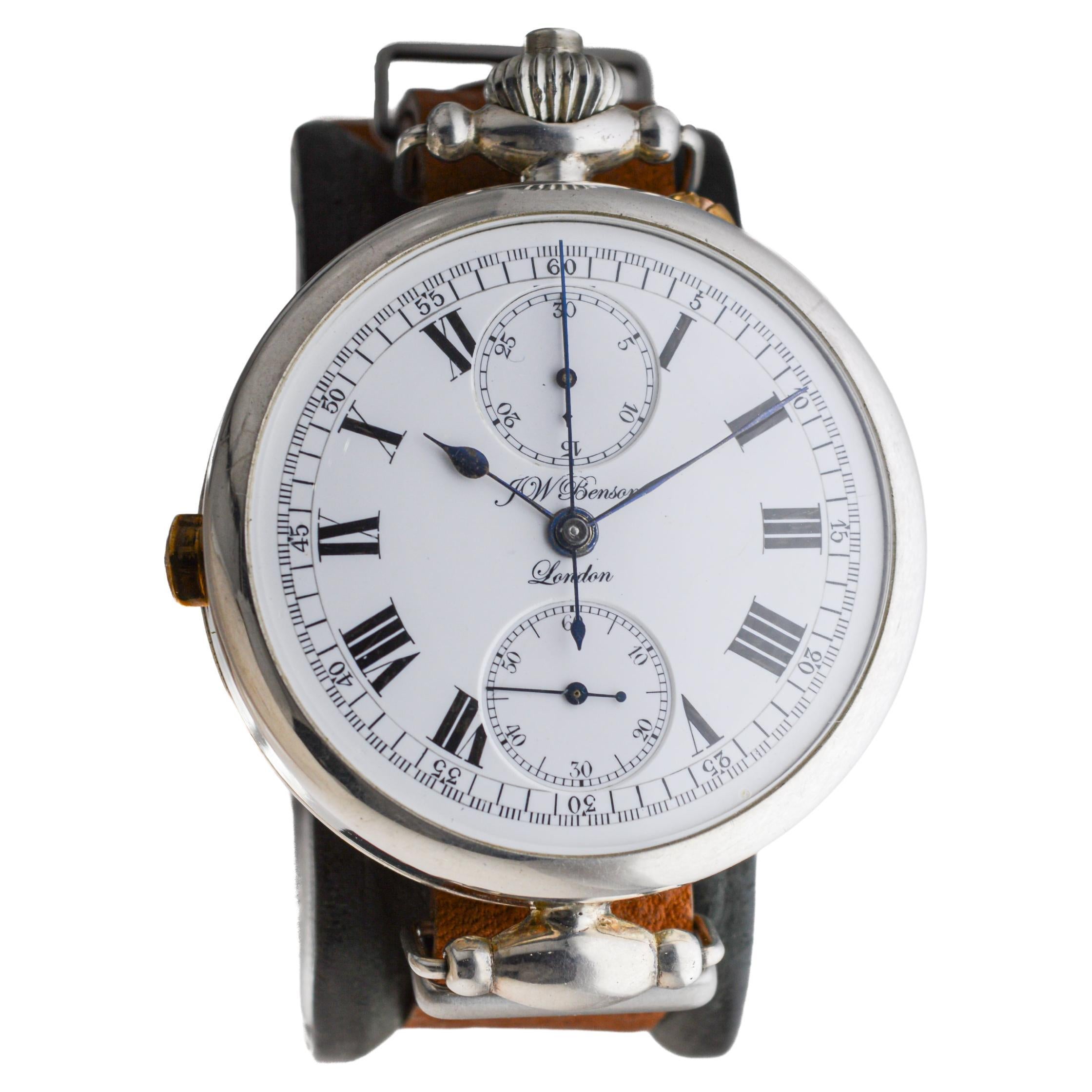 J.W Benson Sterling Silver Oversized Chronograph with Kiln Fired Enamel Dial For Sale