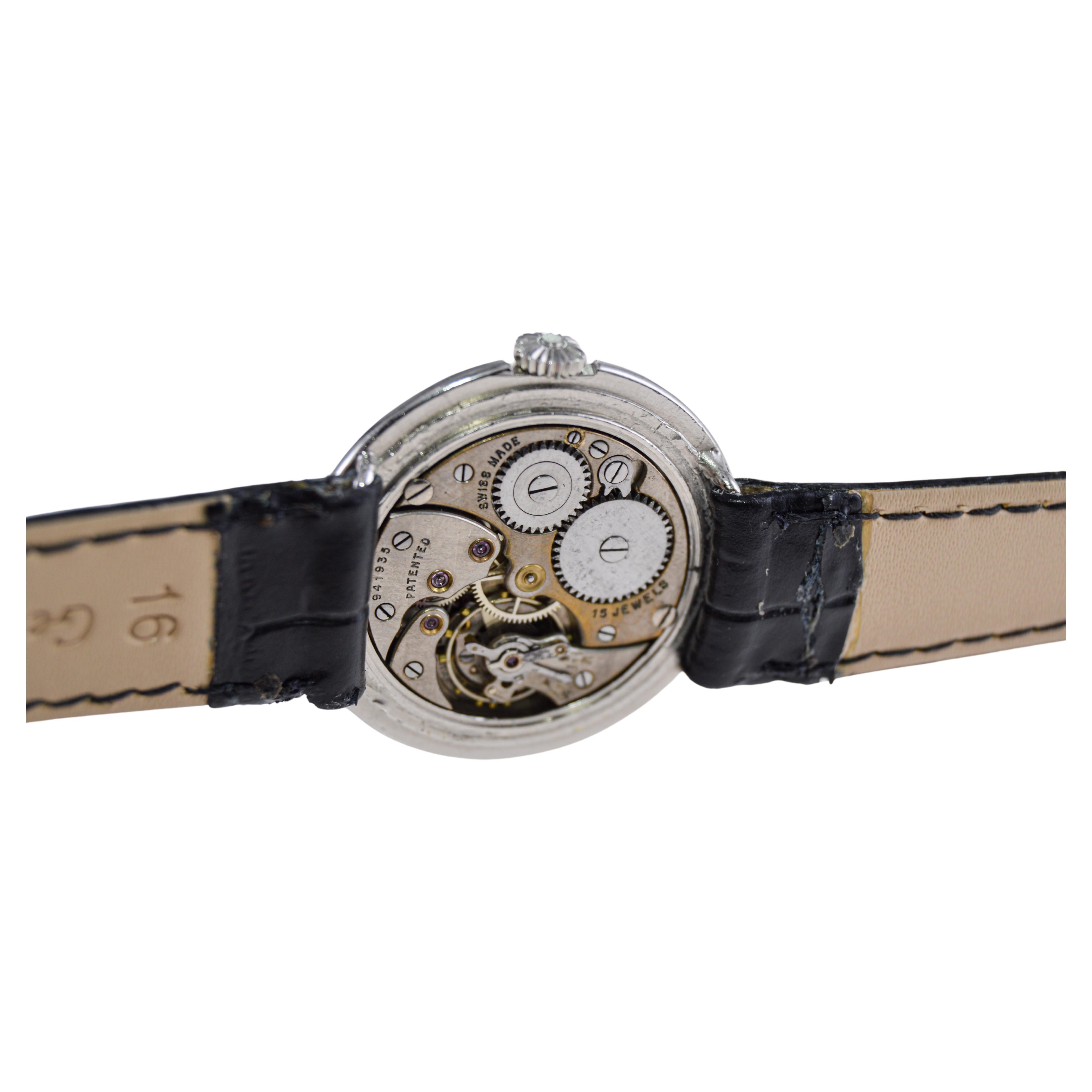 J.W Benson White Gold-Filled Watch circa 1930's with Kiln Fired Enamel Dial  For Sale 3