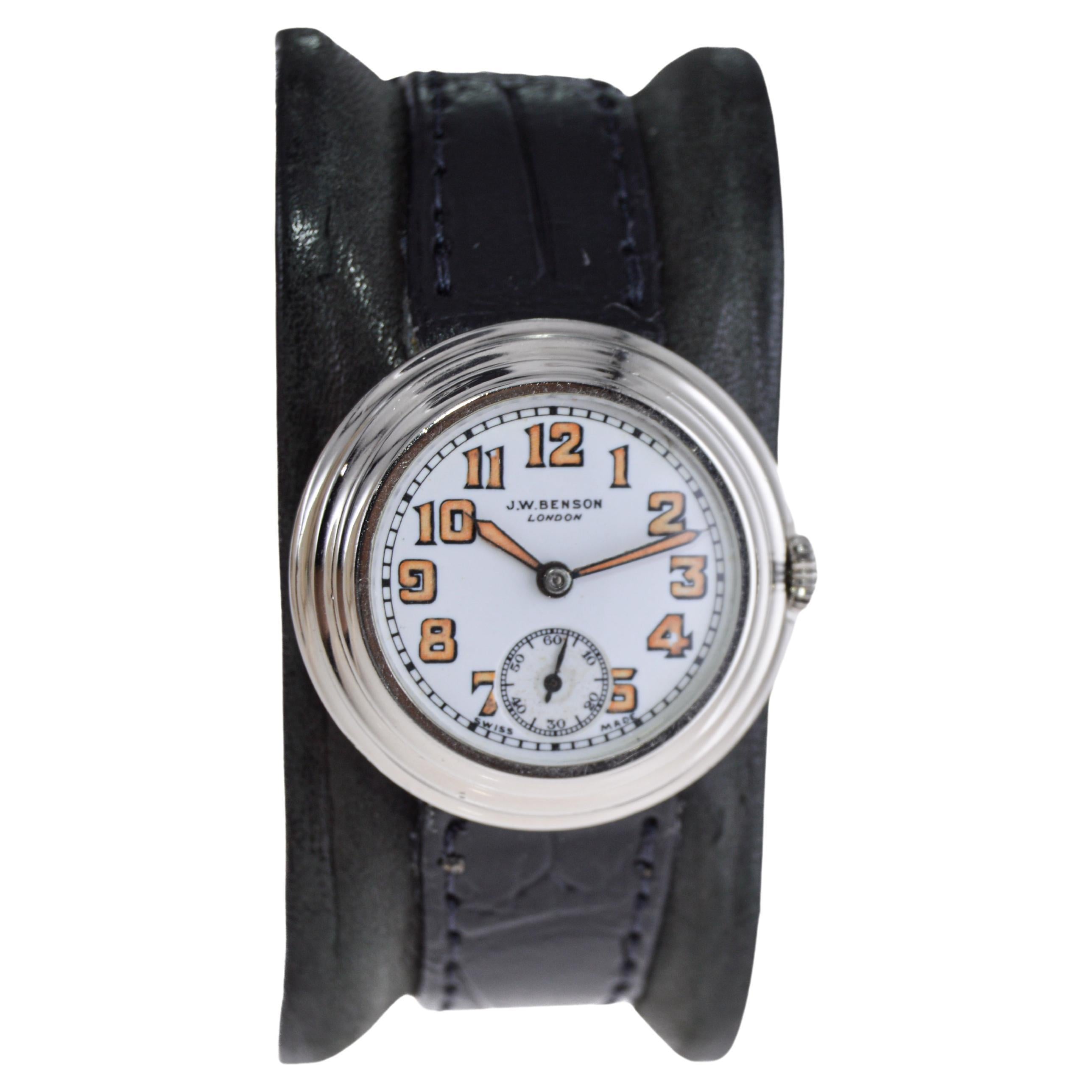 J.W Benson White Gold-Filled Watch circa 1930's with Kiln Fired Enamel Dial  For Sale