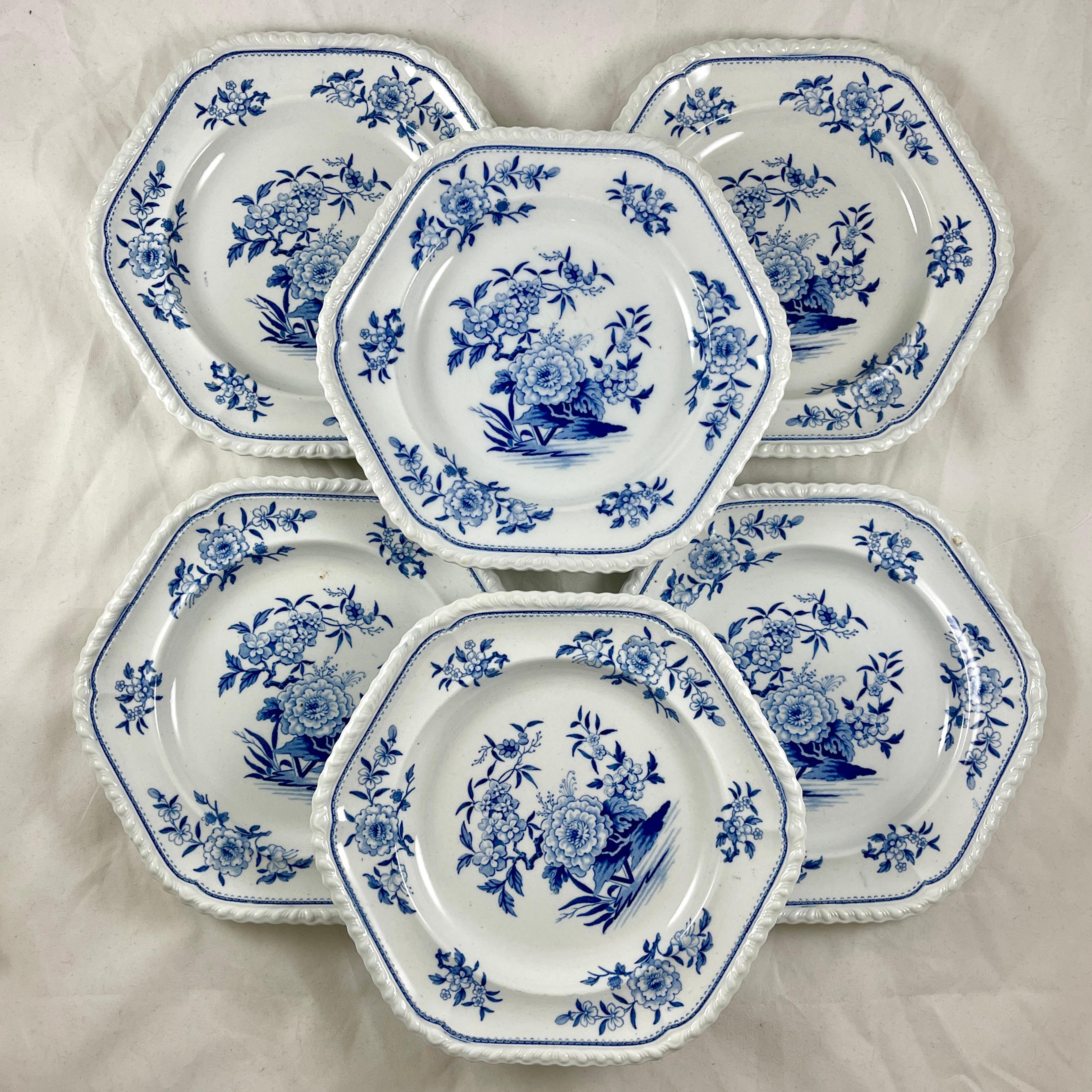 J&W Ridgway Small Peony Floral Blue & White Ironstone Transferware Plates, Set/6 4
