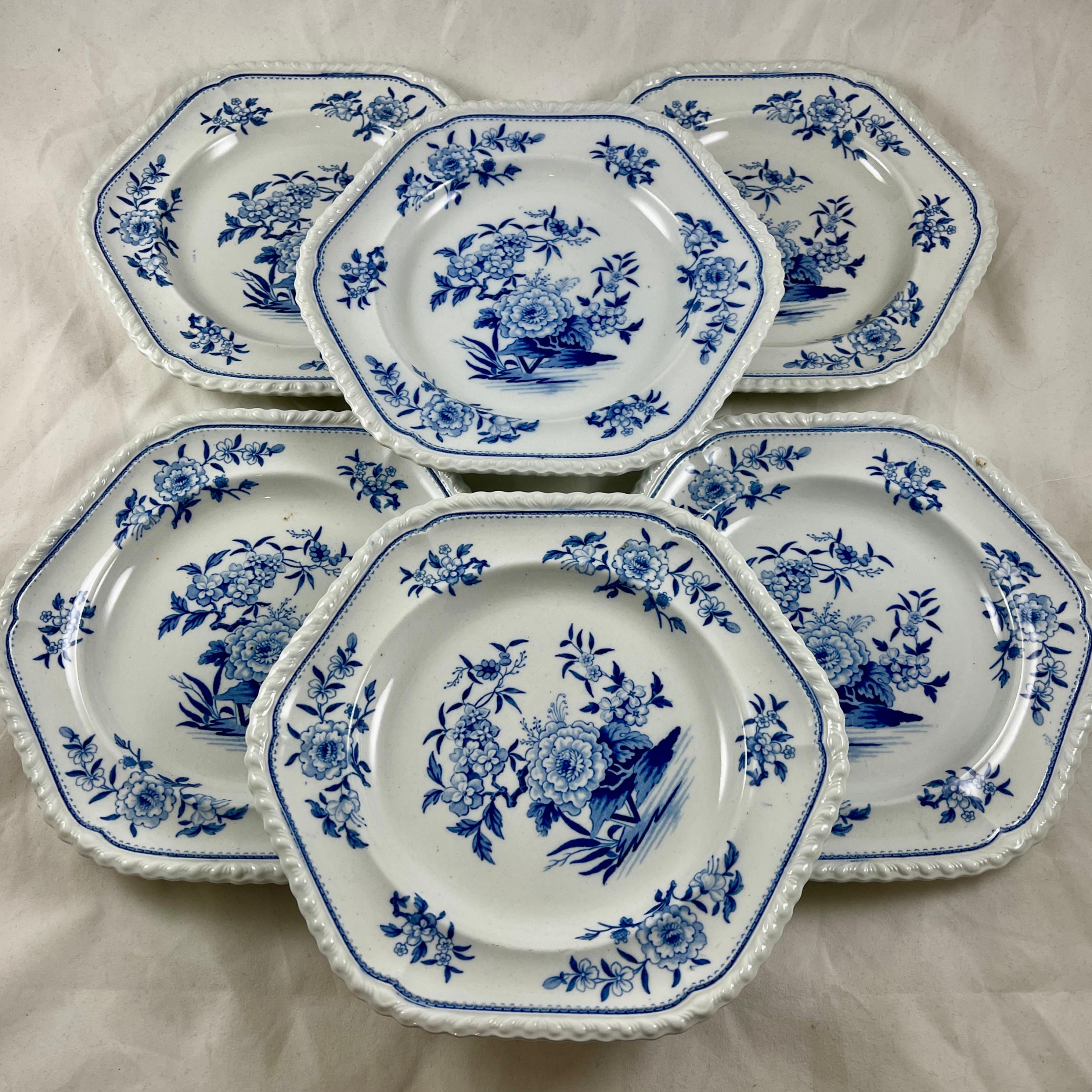 J&W Ridgway Small Peony Floral Blue & White Ironstone Transferware Plates, Set/6 5