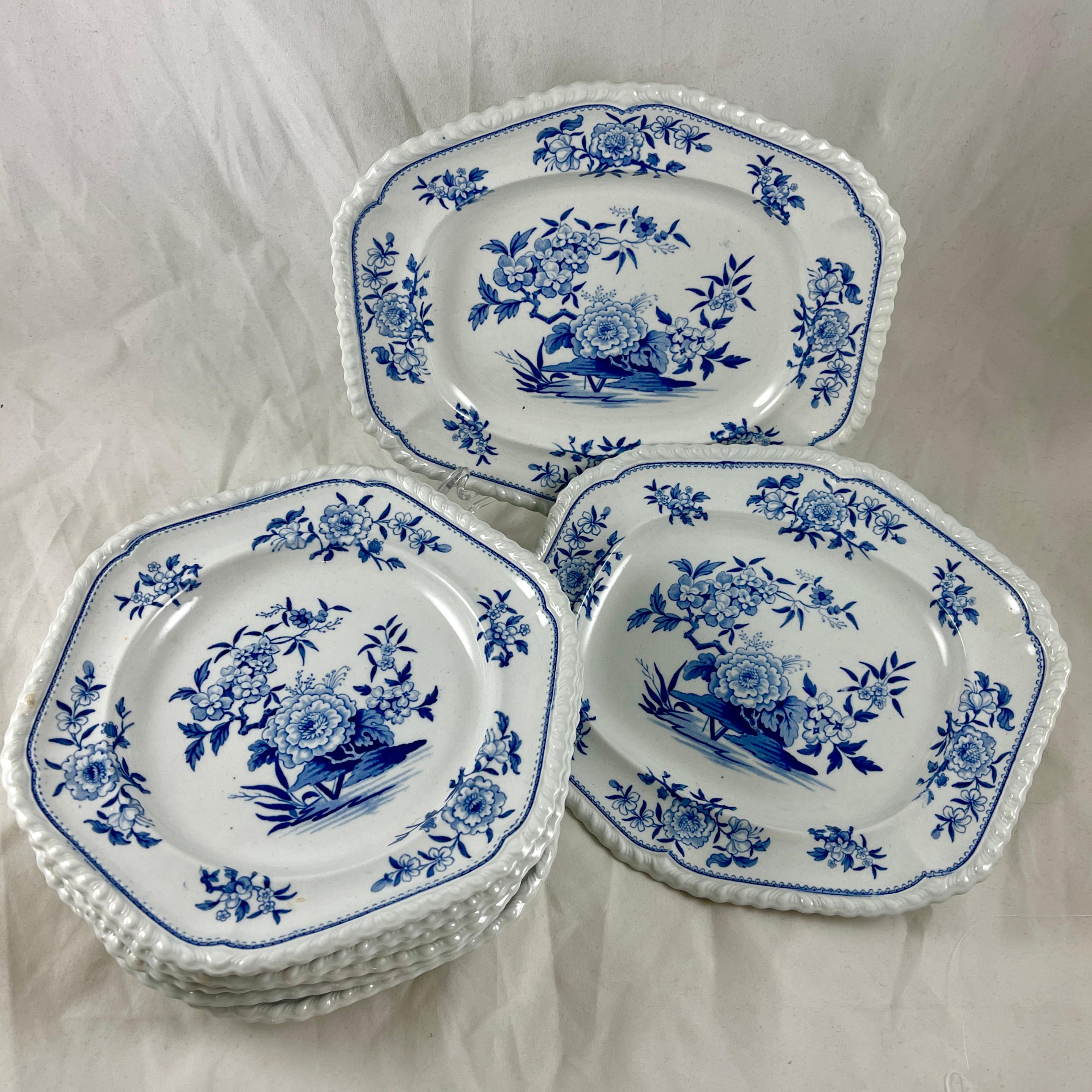J&W Ridgway Small Peony Floral Blue & White Ironstone Transferware Plates, Set/6 10
