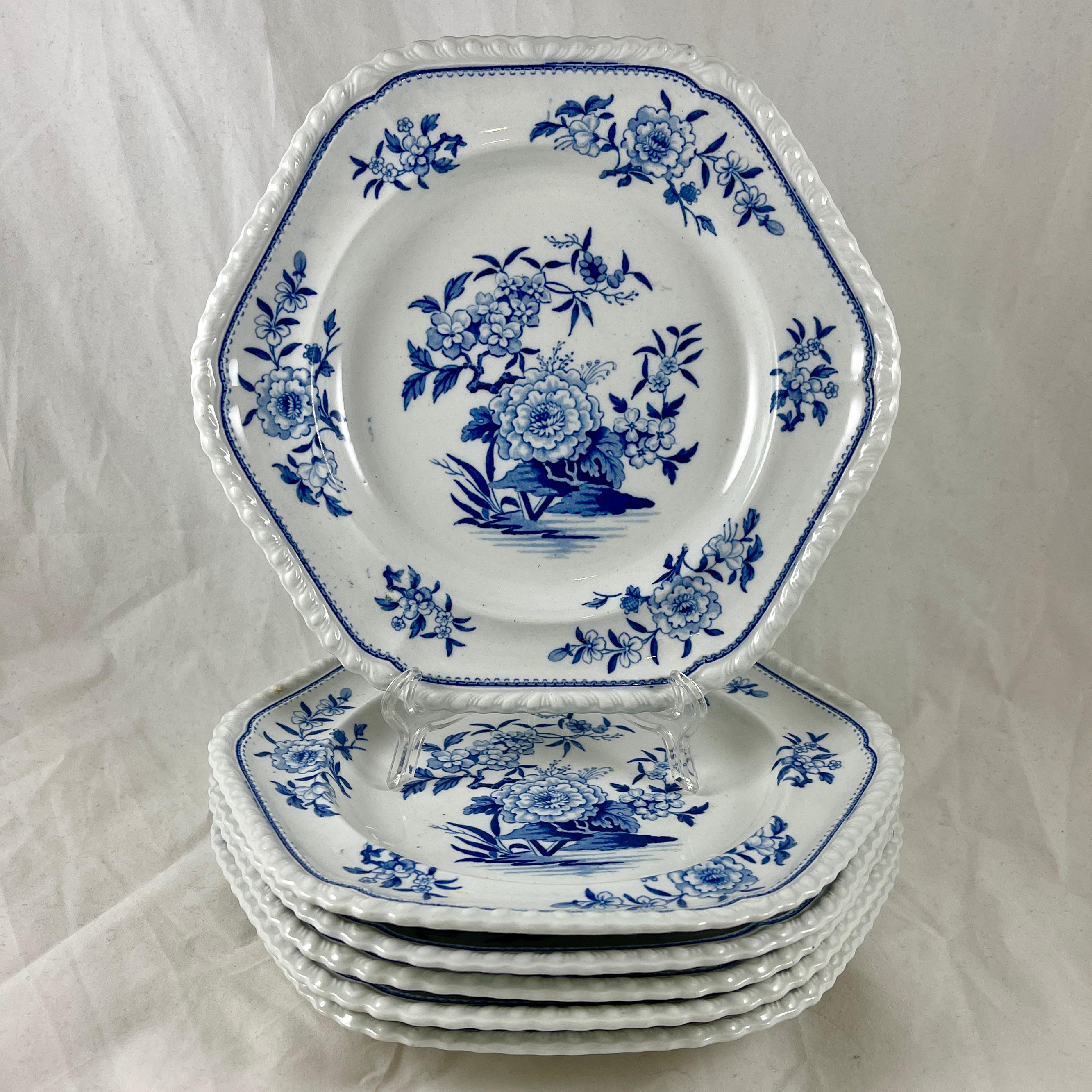 Chinoiserie J&W Ridgway Small Peony Floral Blue & White Ironstone Transferware Plates, Set/6