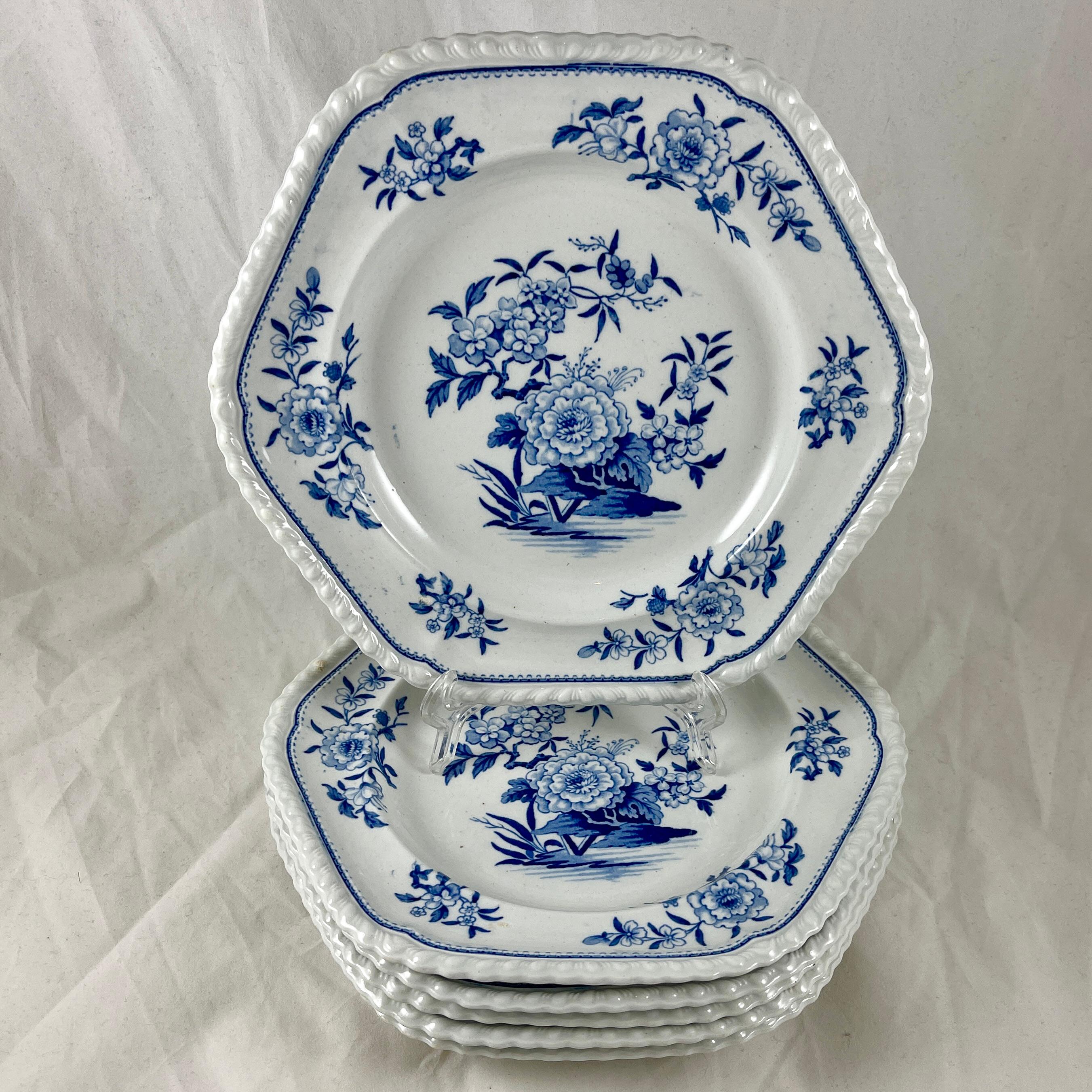 English J&W Ridgway Small Peony Floral Blue & White Ironstone Transferware Plates, Set/6