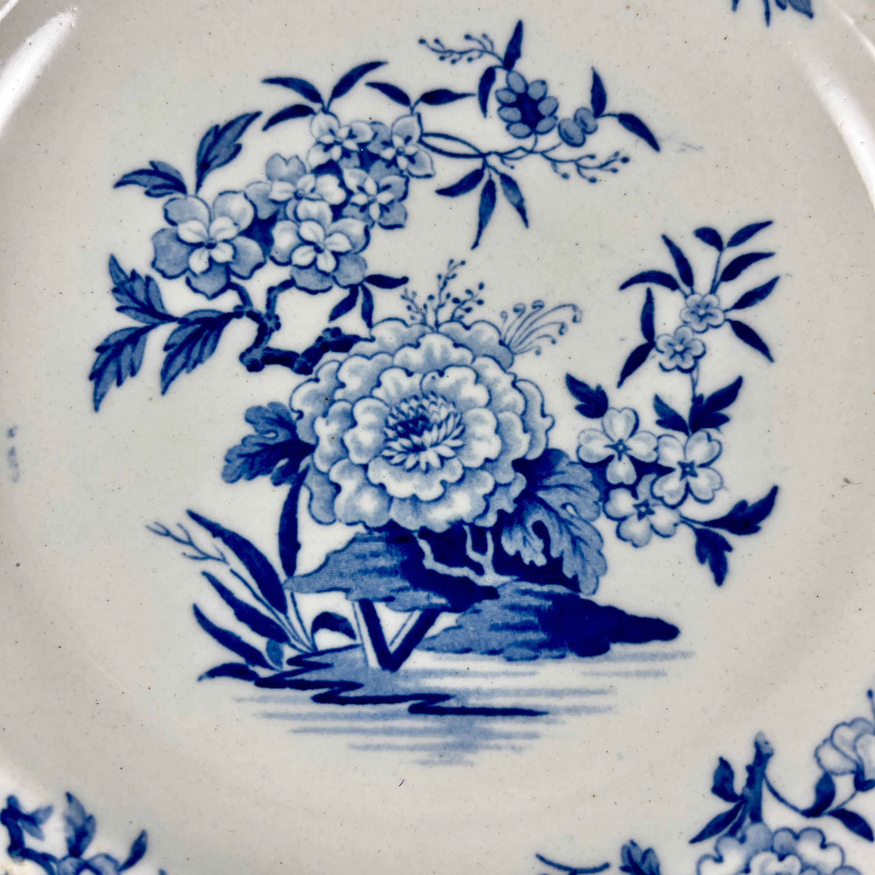 J&W Ridgway Small Peony Floral Blue & White Ironstone Transferware Plates, Set/6 In Good Condition In Philadelphia, PA
