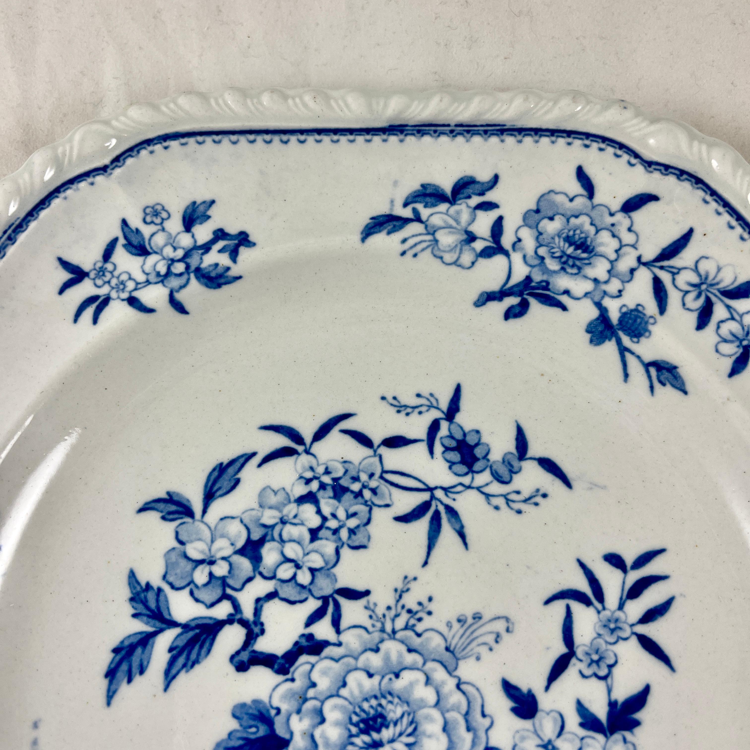 19th Century J&W Ridgway Small Peony Floral Blue & White Ironstone Transferware Plates, Set/6