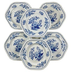 J&W Ridgway Small Peony Floral Blue & White Ironstone Transferware Plates, Set/6