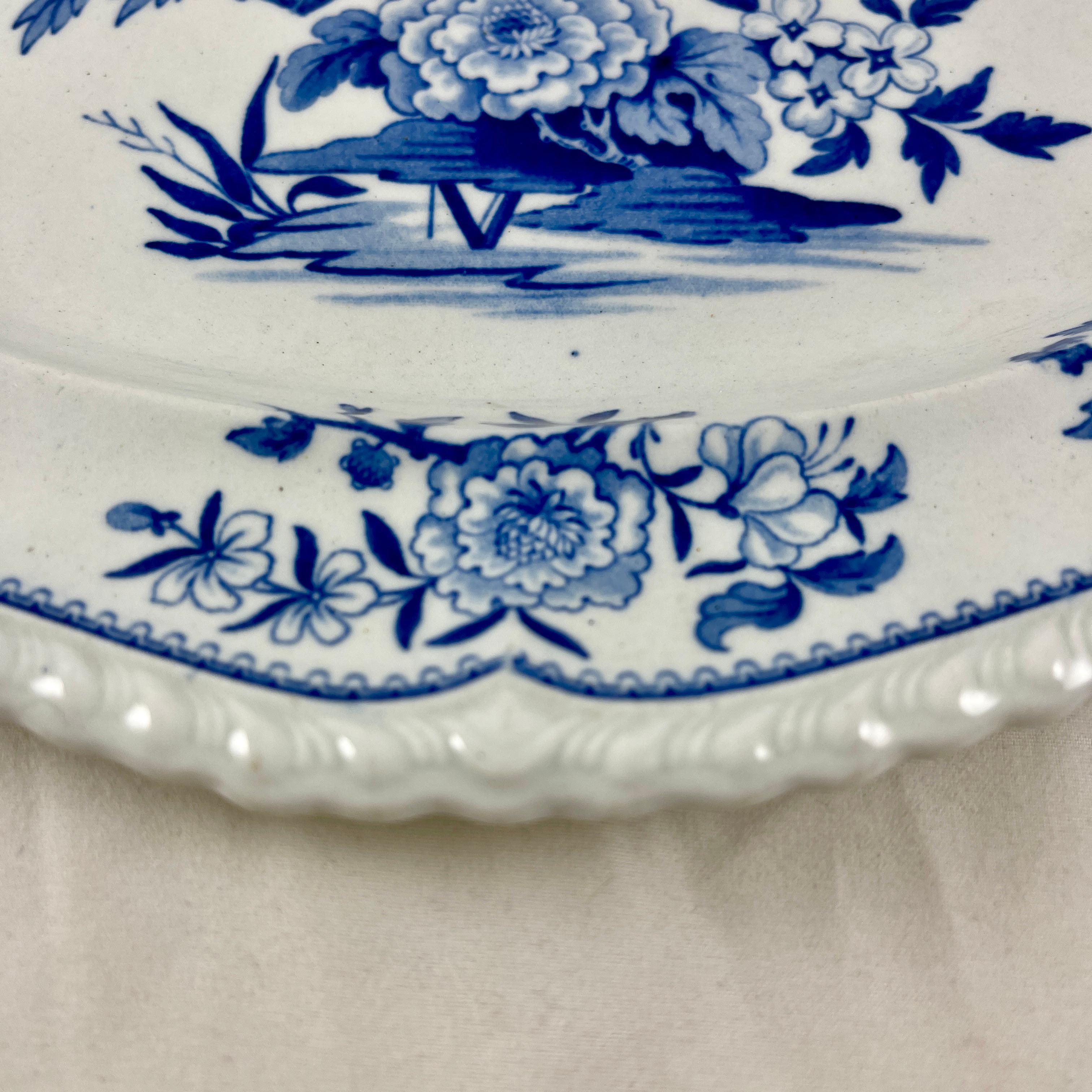 English J&W Ridgway Small Peony Floral Blue & White Ironstone Transferware Platter