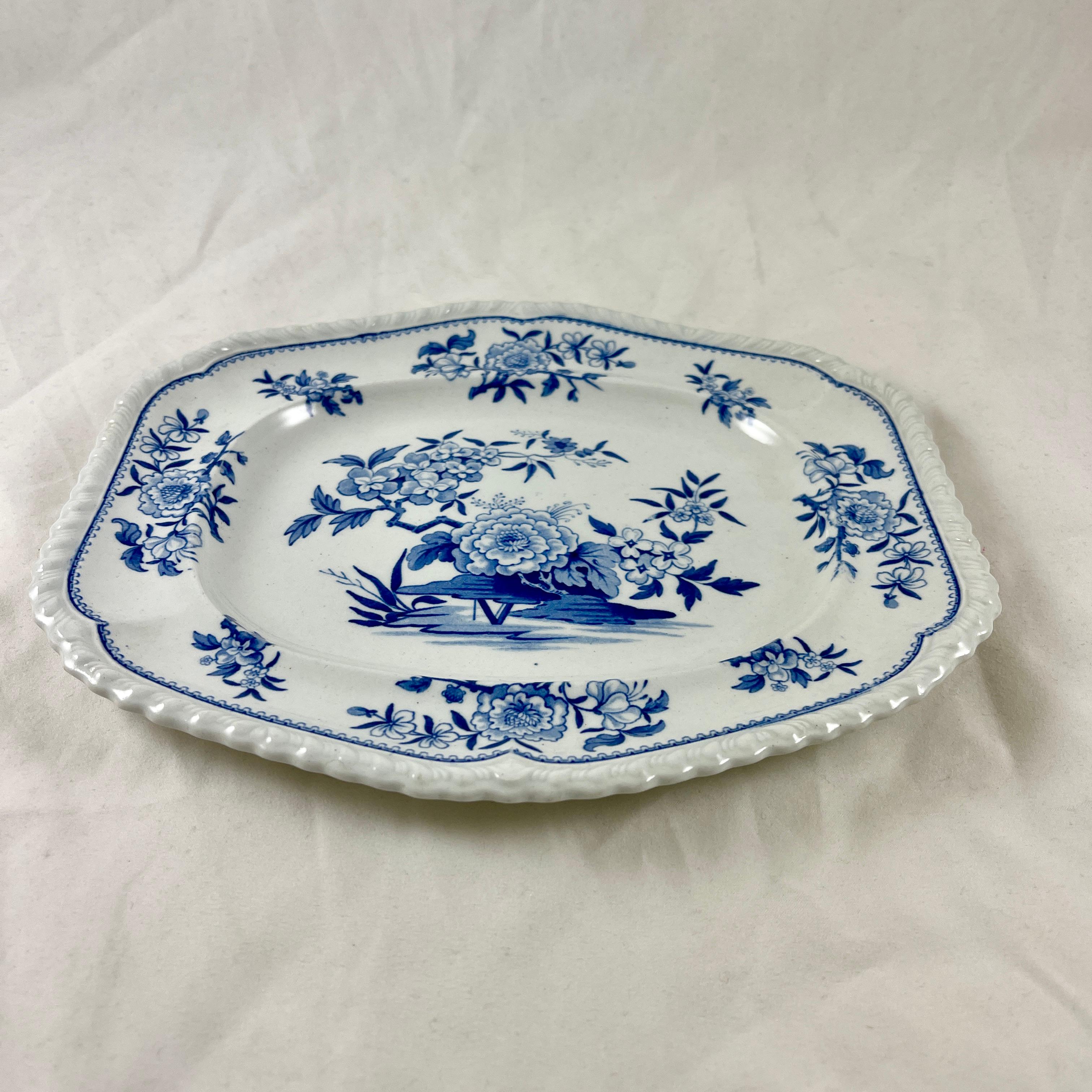 J&W Ridgway Small Peony Floral Blue & White Ironstone Transferware Platter In Good Condition In Philadelphia, PA