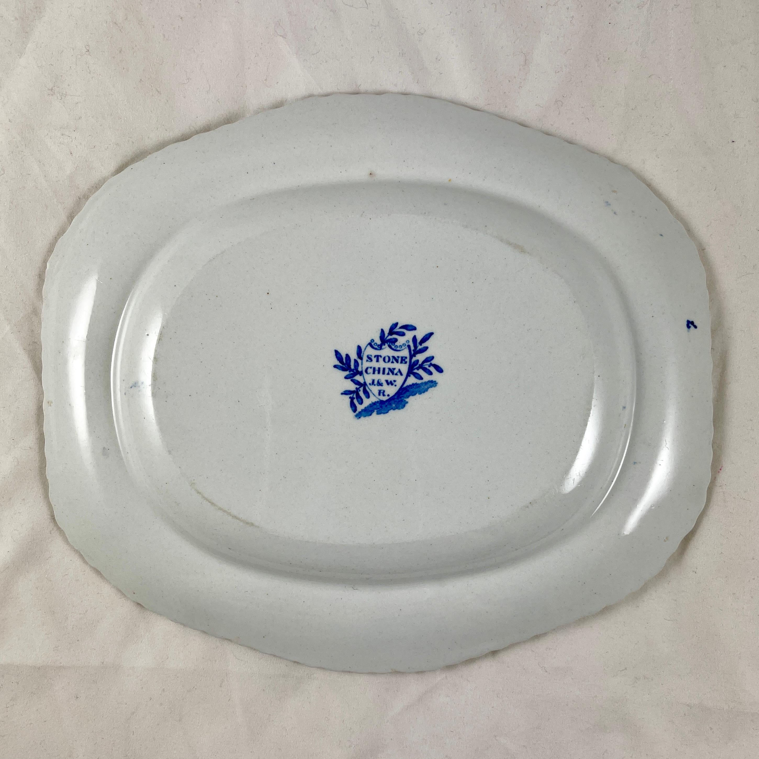 19th Century J&W Ridgway Small Peony Floral Blue & White Ironstone Transferware Platter