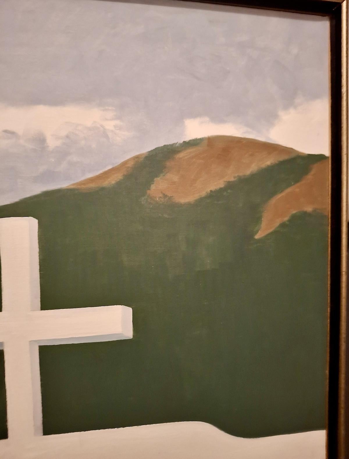 Taos Adobe Wall und die Sangre de Cristo Mountains (Amerikanische Moderne), Painting, von J.W. Shank