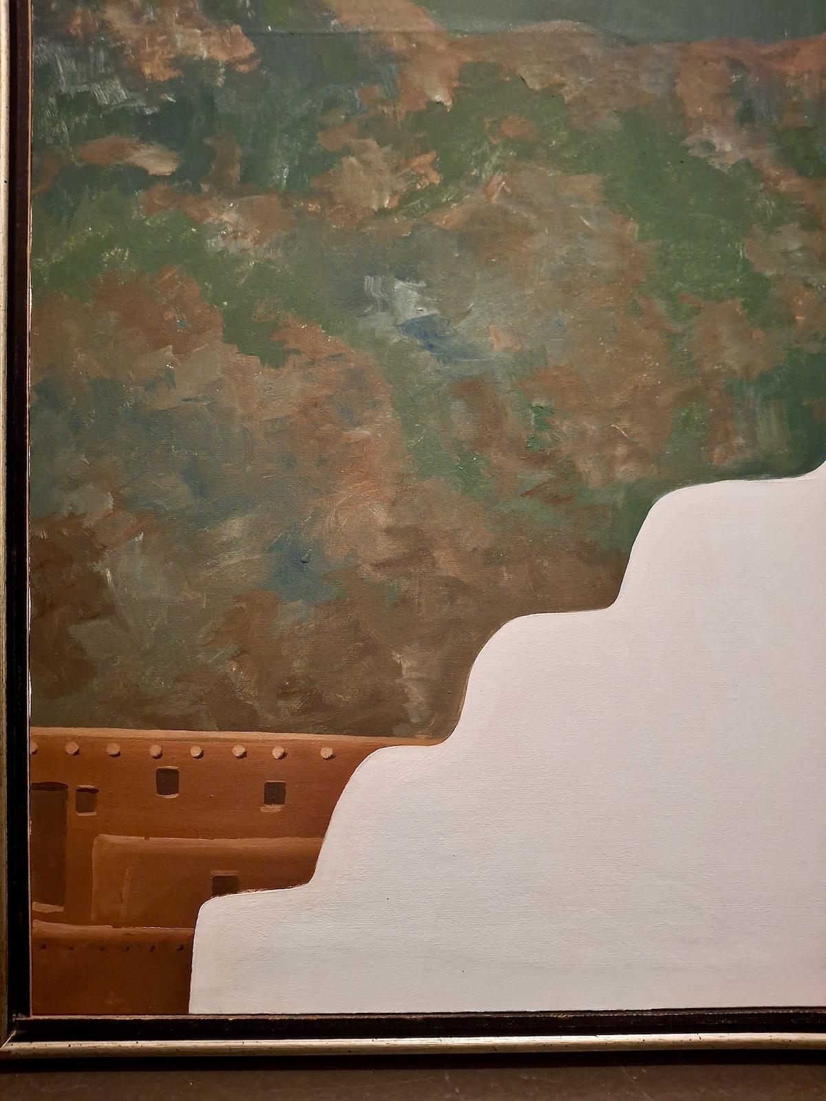 Taos Adobe Wall und die Sangre de Cristo Mountains (Schwarz), Landscape Painting, von J.W. Shank
