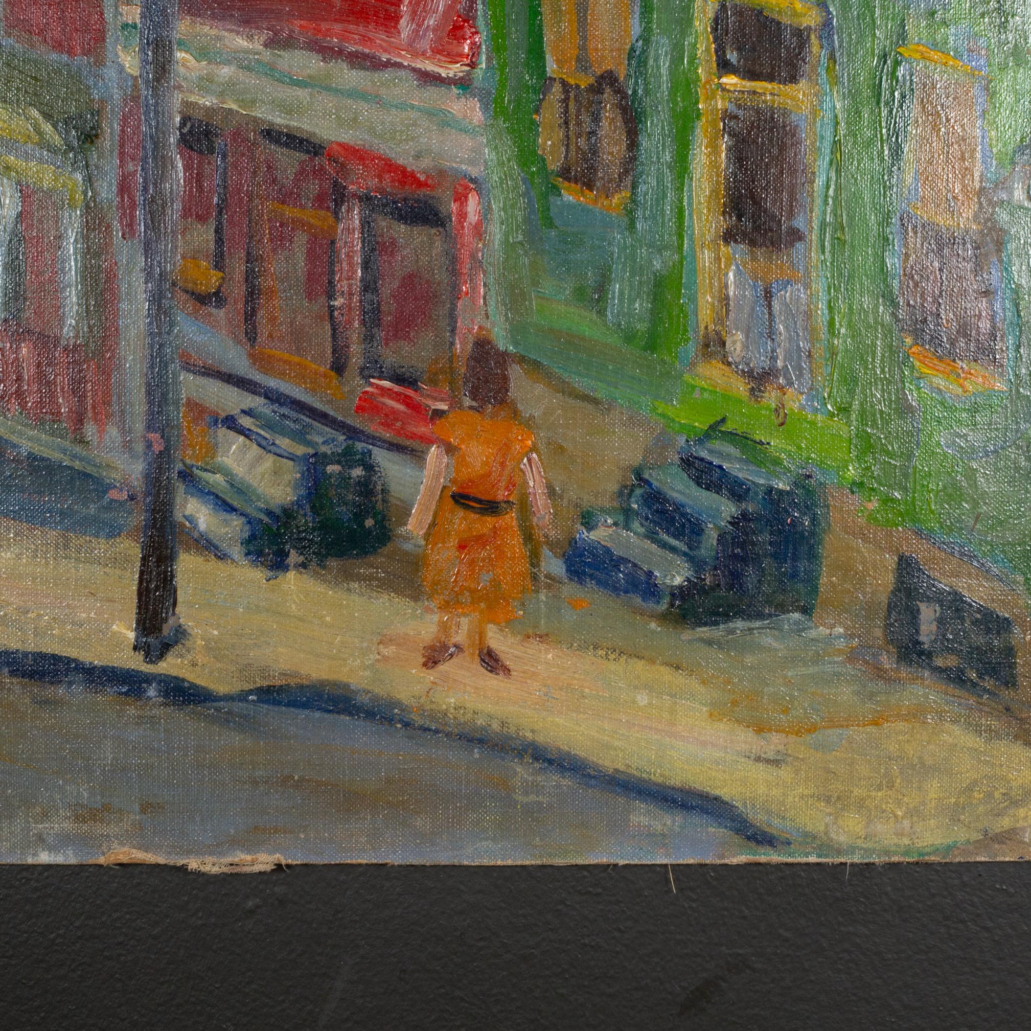 JW Street Scene, Oil on Canvas/Masonite Painting, Signed, 1940 (Industriell) im Angebot